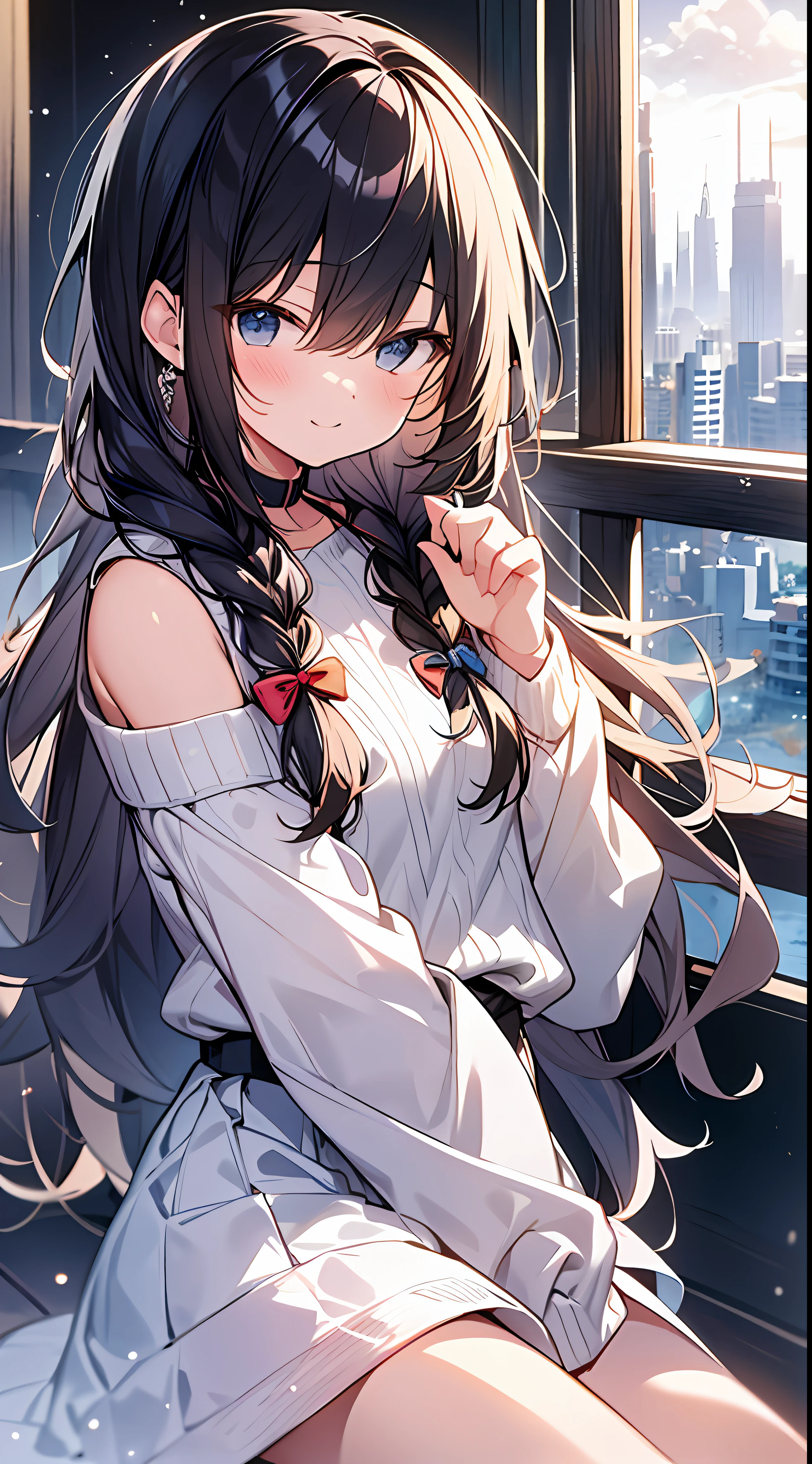 Top Quality, Masterpiece, Super High Definition, 8k, White Sweater, White Skirt Anime Style Little Loli, Single, Ultra Detailed Line Art, Digital Enhancement, Anime Core, Flowing Fabric, Close Up, Hair Length to Shoulder and Short Braid, Autumn City Landscape, Soft Drawing, Hair Fluttering in the Wind, Beautiful Black Hair, Full Smile, Patchy Eyes, Looks Really Weak, Sit on the bench