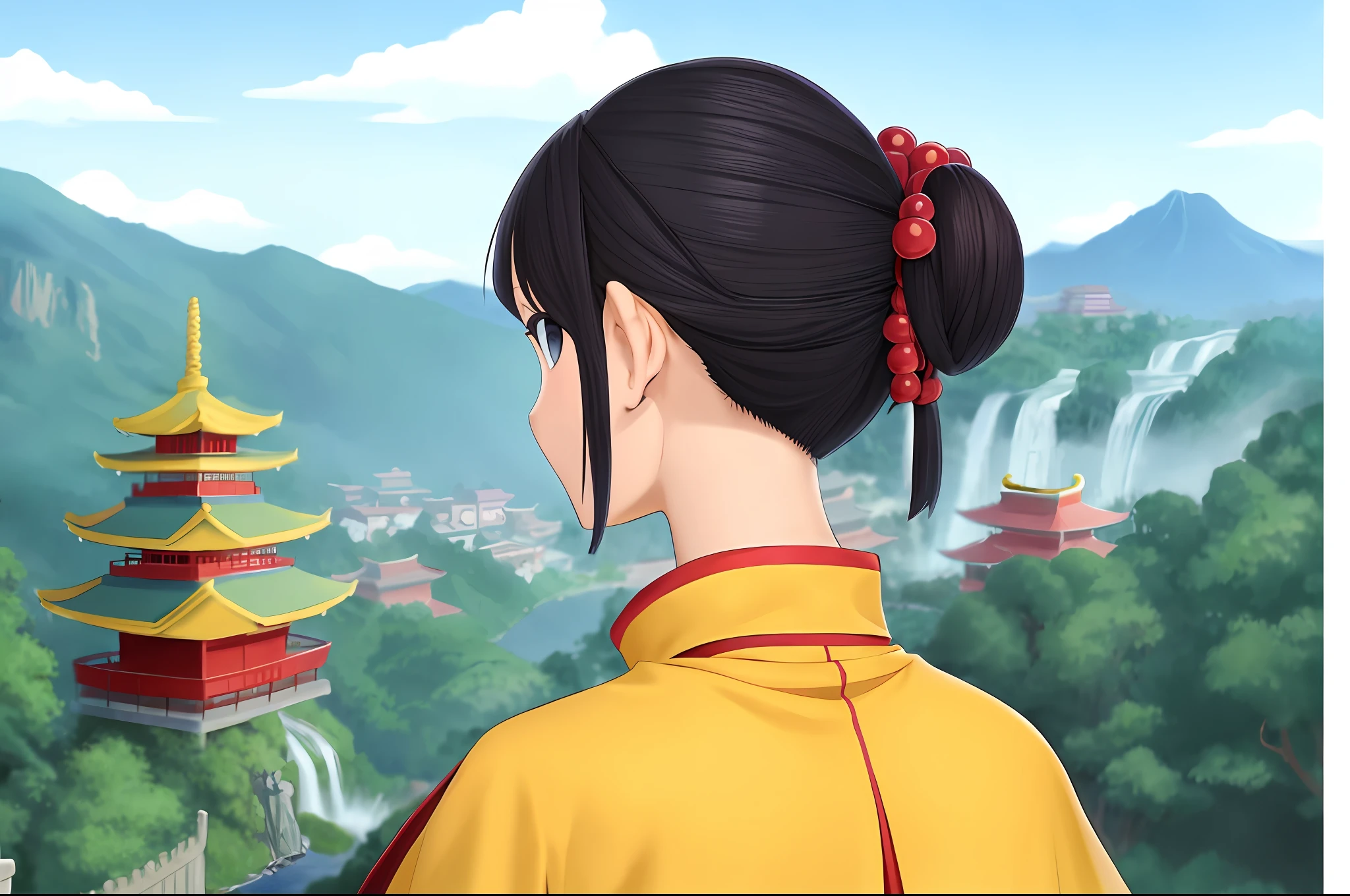 Anime girl in traditional costume looking at waterfall and pagoda, palace, Hanfu girl, 2. 5d CGI anime fantasy artwork, anime style 4 K, guvez style artwork, anime fantasy artwork, anime fantasy illustration, beautiful digital artwork, anime art wallpaper 4k, anime art wallpaper 4k, detailed digital anime art. The girl looked at the mountains in the distance. Tri-view