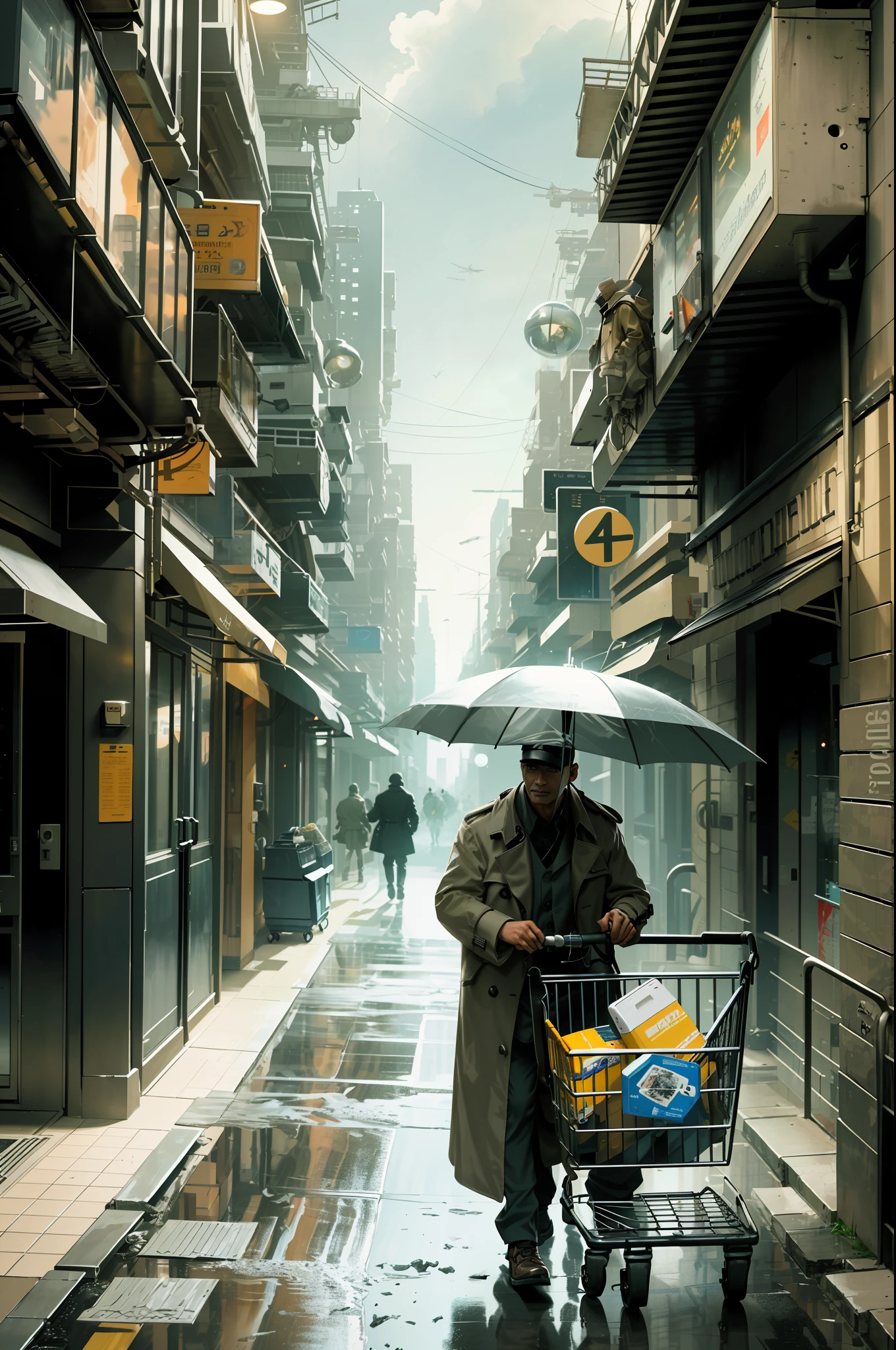 A man in a trench coat with a tracked sci-fi shopping cart in the back, cabinets, futuristic city, masterpiece, 4k, detailed, hyper-realistic, complex scenes, cinematic lens, F/1.6, vignetting