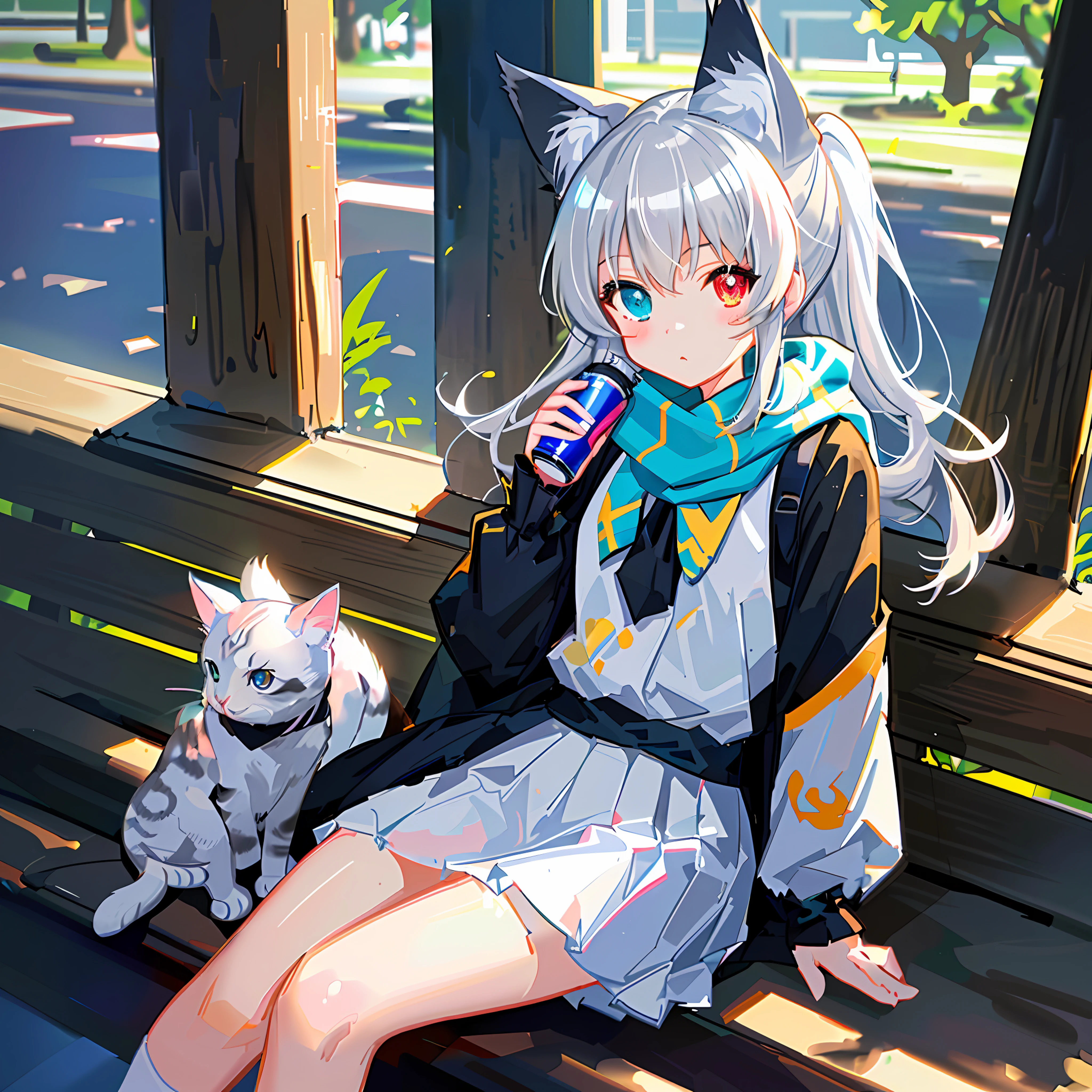 Anime girl leaning on bench, A kitten sits next to her, Holding a bottle of energy drink and a book, The painting style is cute, The picture quality is extremely detailed 4K animation vision. Popular on ArtStation and Pixiv, Cute anime girls are full of art. Multiple styles in illustration, Particular attention is paid to the elements of nyaruko-san and mikudayo. Detailed, Highlight scarf and cat ear details, Complemented by extreme light and shadow effects. Long silver-white hair, Heterochromia, Japanese skirt, Female high school student, loli, petite, There was a white rifle beside him, Azure archive style, Cute style