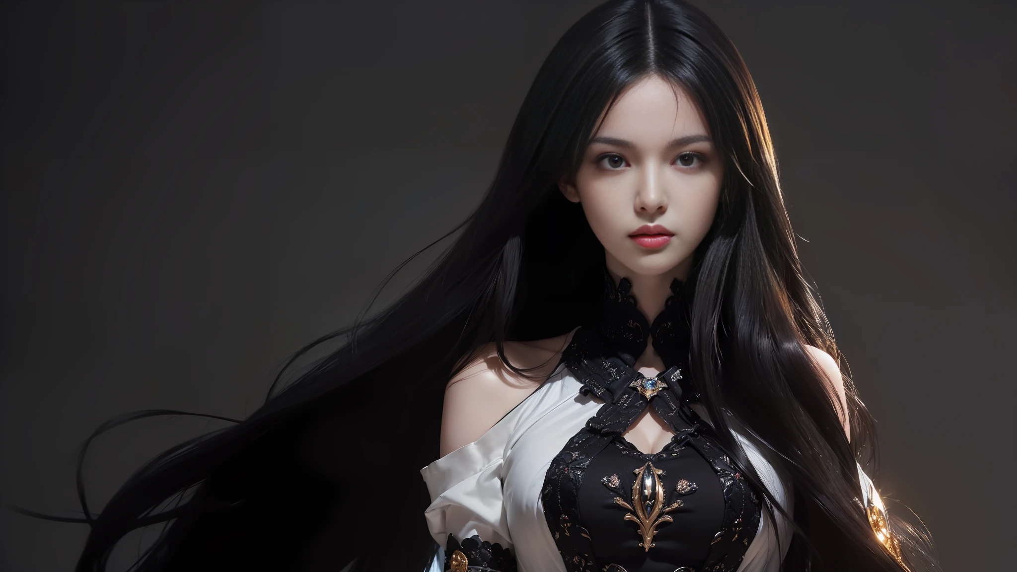 (((masterpiece+best quality+high resolution+ultra-detailed))), long silky black hair, high nose, sharp eyes, noble and inviolable temperament, (([female]: 1.2 + [beauty]: 1.2 + black long hair: 1.2)), dark and deep background, bright eyes, dynamic angle and posture.