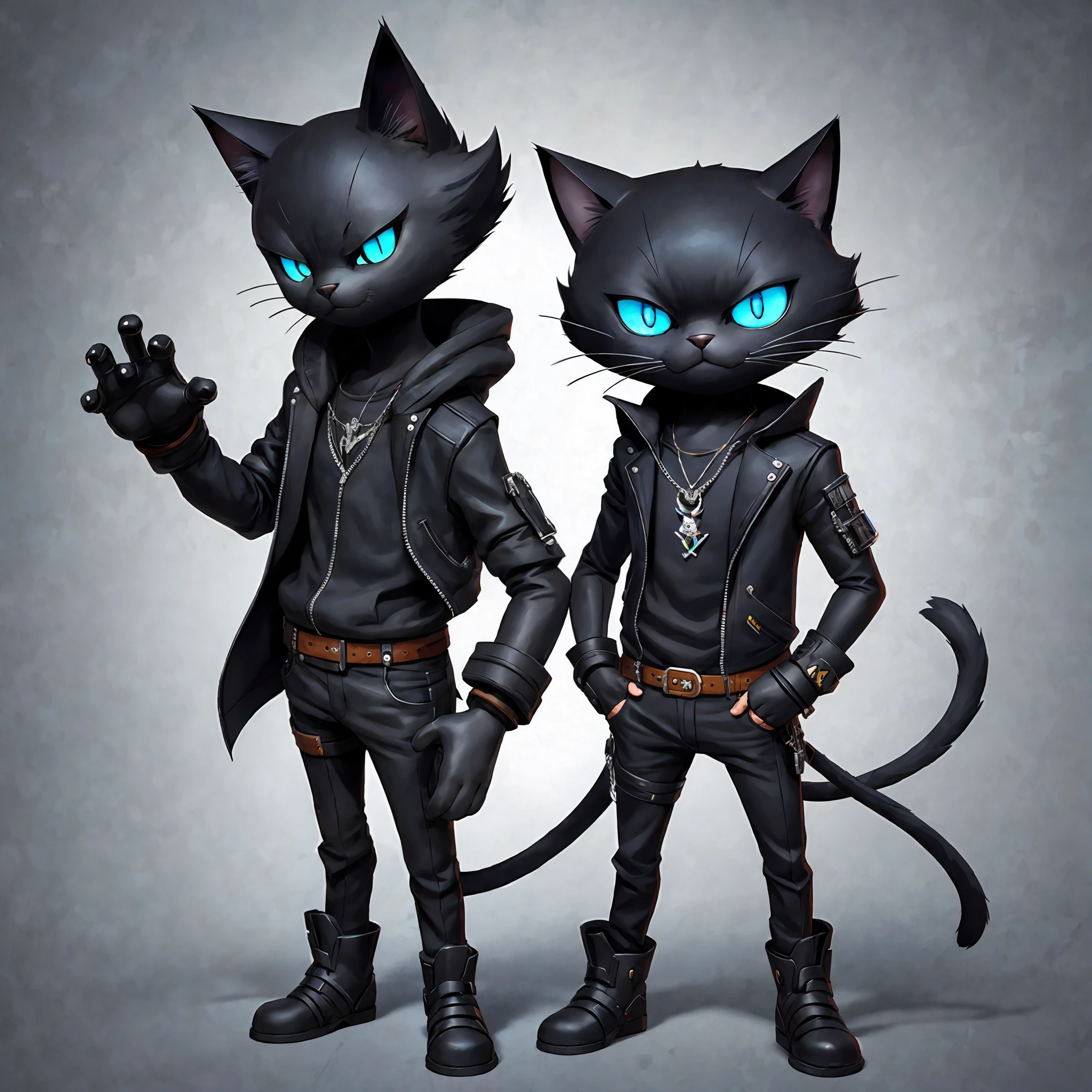 character standing looking forward, (Cat) anthropomorphic black, with black jacket, metalhead, bad boy, cute, cute, short, dreamworks cartoon, 3D painting