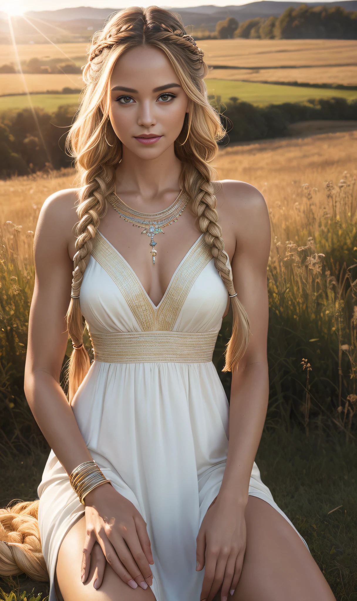 Masterpiece, (((full figure))) entire body in frame, (((magical lighting))) (((beautiful seductive smile sexy anorexic white goddess woman sitting in meadow sun rays))), ((( intricate midevil dress))) , (((long braided hair))) sunset lighting, golden hour, golden colors, very detailed, dramatic lighting, digital art trending on Artstation 8k HD high definition detailed realistic, detailed, skin texture, hyper detailed, realistic skin texture, armature, best quality, ultra high res, (photorealistic:1.4), high resolution, detailed, raw photo, sharp re, by lee jeffries nikon d850 film stock photograph 4 kodak portra 400 camera f1.6 lens rich colors hyper realistic lifelike texture dramatic lighting unrealengine trending on artstation cinestill 800, (((accurate female anatomy)))