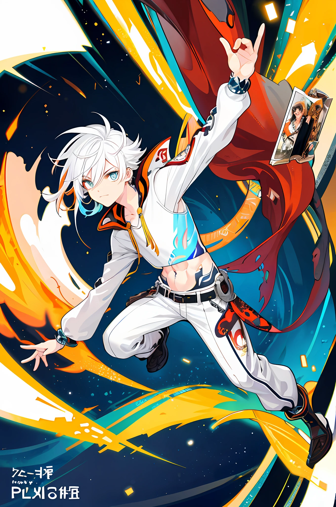 background, mixed-language_text, Japanese letters in graffit ,boys, excellent lighting, sidelighting, (), vhsKeeper,, style GUILTY GEAR -STRIVE perfect ultimate (flat color: 1.3), (magazine_cover: 1.4), (multicolored_background: 1.3), striped_background, card_background, :: comix style by joe madureira :: circular pieces of white metals glued to the arms coming out shimmering yellow glow, , perfect and detailed, ultra detailed shirt with abstract design and with letter print Japanese in graffiti of the sides of clothing, image of full-body boys fighting alongside you with powerful dragons versus alien creature full of tentacles, with immersive effects, hover effect, background graffiti style tribal tattoo with vibrant colors "HDR ultra" detailed and with focus effect, (masterpiece: 1.2, best quality), (beautiful eyes finely detailed: 1.2), , ((Solo)), (Finely detailed eyes and detailed face :1.3), in various full-body attack poses, (cute background: 1.2),futuristic costume, super detailed circular metals Clinging to arms and pants, fantastic paintings