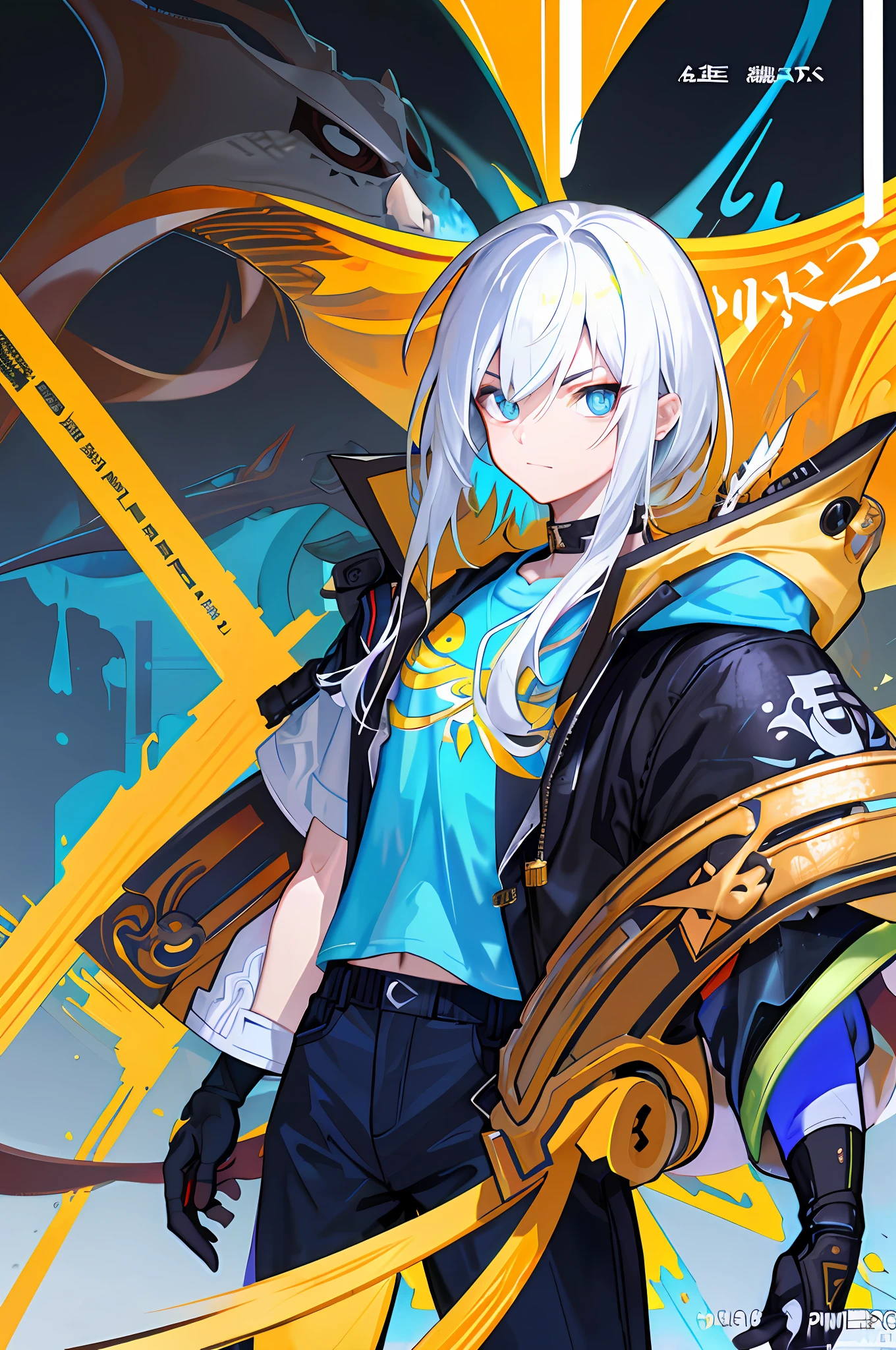 background, mixed-language_text, Japanese letters in graffit ,boys, excellent lighting, sidelighting, (), vhsKeeper,, style GUILTY GEAR -STRIVE perfect ultimate (flat color: 1.3), (magazine_cover: 1.4), (multicolored_background: 1.3), striped_background, card_background, :: comix style by joe madureira :: circular pieces of white metals glued to the arms coming out shimmering yellow glow, , perfect and detailed, ultra detailed shirt with abstract design and with letter print  Japanese in graffiti of the sides of clothing, image of full-body boys fighting alongside you with powerful dragons versus alien creature full of tentacles, with immersive effects, hover effect, background graffiti style tribal tattoo with vibrant colors "HDR ultra" detailed and with focus effect, (masterpiece: 1.2, best quality), (beautiful eyes finely detailed: 1.2),  , ((Solo)), (Finely detailed eyes and detailed face :1.3), in various full-body attack poses, (cute background: 1.2),futuristic costume, super detailed circular metals Clinging to arms and pants, fantastic paintings