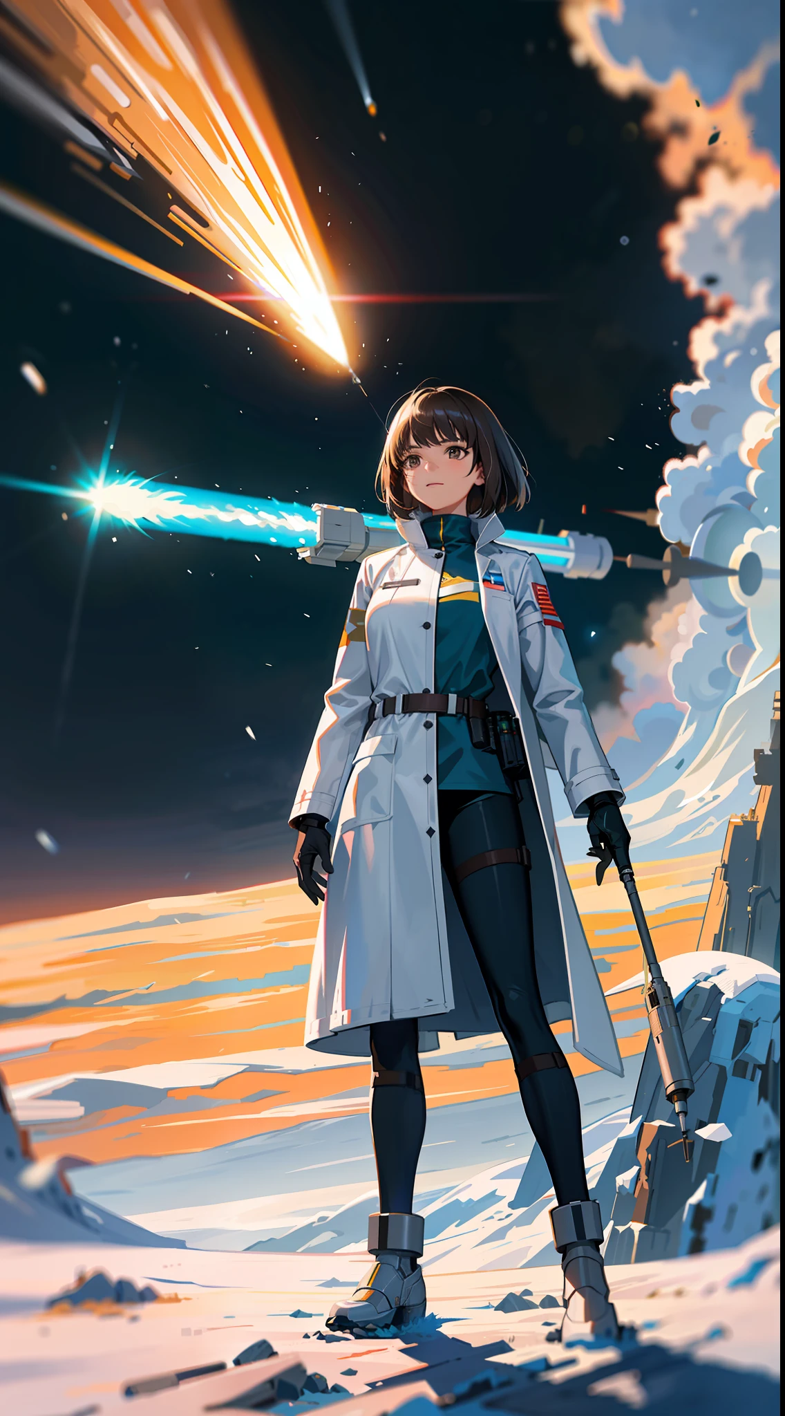 Ring World,Science Fiction,Sci-Fi Movies,Artillery,Long-Range Missiles,Based on the movie Foundation ,Woman,Adult,Protagonist,28 years old,hopeful face,brown eyes,short hairstyle,black hair with white gray,scientist uniform,white researcher coat,open meadow,rebel,chaotic,future world,world of socialism,snow,chaos