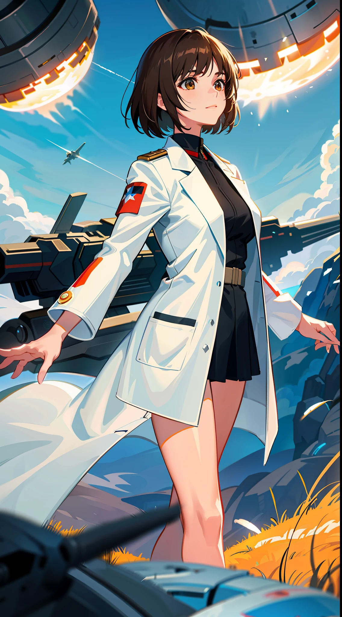 Ring World,Science Fiction,Sci-Fi Movies,Artillery,Long-Range Missiles,Based on the movie Foundation ,Woman,Adult,Protagonist,28 years old,hopeful face,brown eyes,short hairstyle,black hair with white gray,scientist uniform,white researcher coat,open meadow,rebel,chaotic,future world,world of socialism,snow,chaos