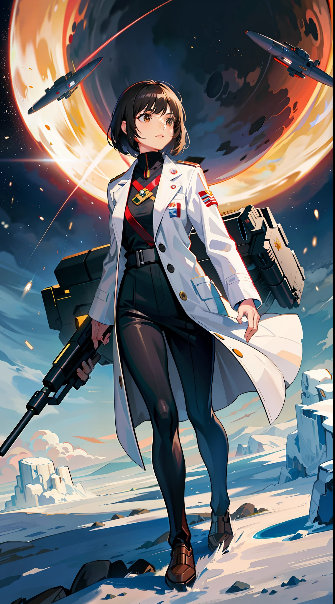 Ring World,Science Fiction,Sci-Fi Movies,Artillery,Long-Range Missiles,Based on the movie Foundation ,Woman,Adult,Protagonist,28 years old,hopeful face,brown eyes,short hairstyle,black hair with white gray,scientist uniform,white researcher coat,open meadow,rebel,chaotic,future world,world of socialism,snow,chaos