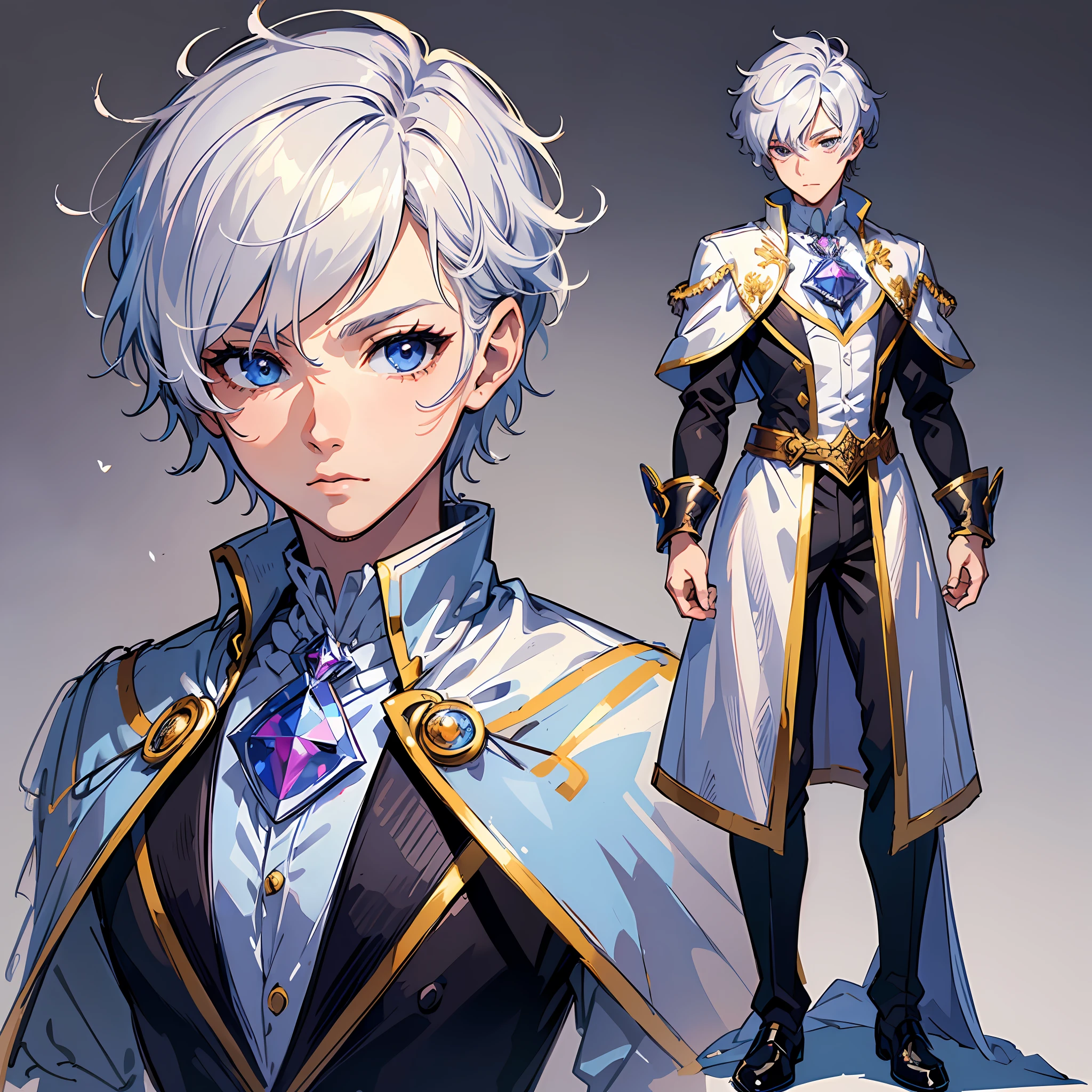 ((Masterpiece)), (Highest Quality)), (Character Design Sheet, Same Character, Front, Side, Back), Illustration, 1 Boy, Silver Hair, Short Cut, Eye Hair, Beautiful Eyes, Environment Scene Change, Pose, Gorgeous Prince Suit, Magic, Chartaan Betarola, (Simple Background, White Background: 1.3)
PARENT
parentImg
information --auto --s2