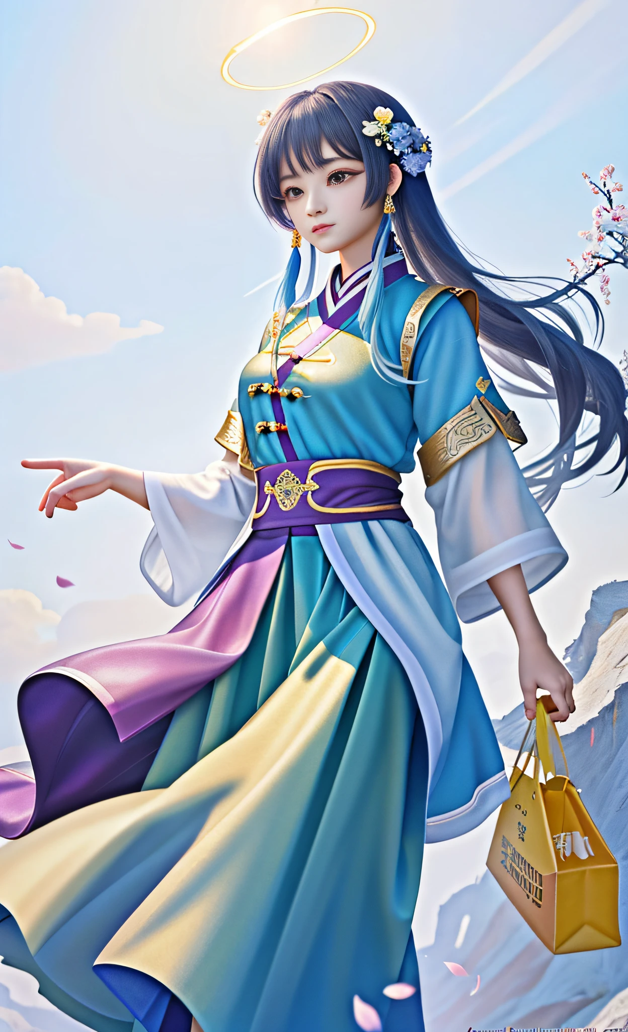 A pretty girl, ancient Chinese costume, whole body, sunshine, clear face, clean white background, masterpiece, super detail, epic composition, ultra HD, high quality, extremely detailed, official art, uniform 8k wallpaper, super detail, 32k