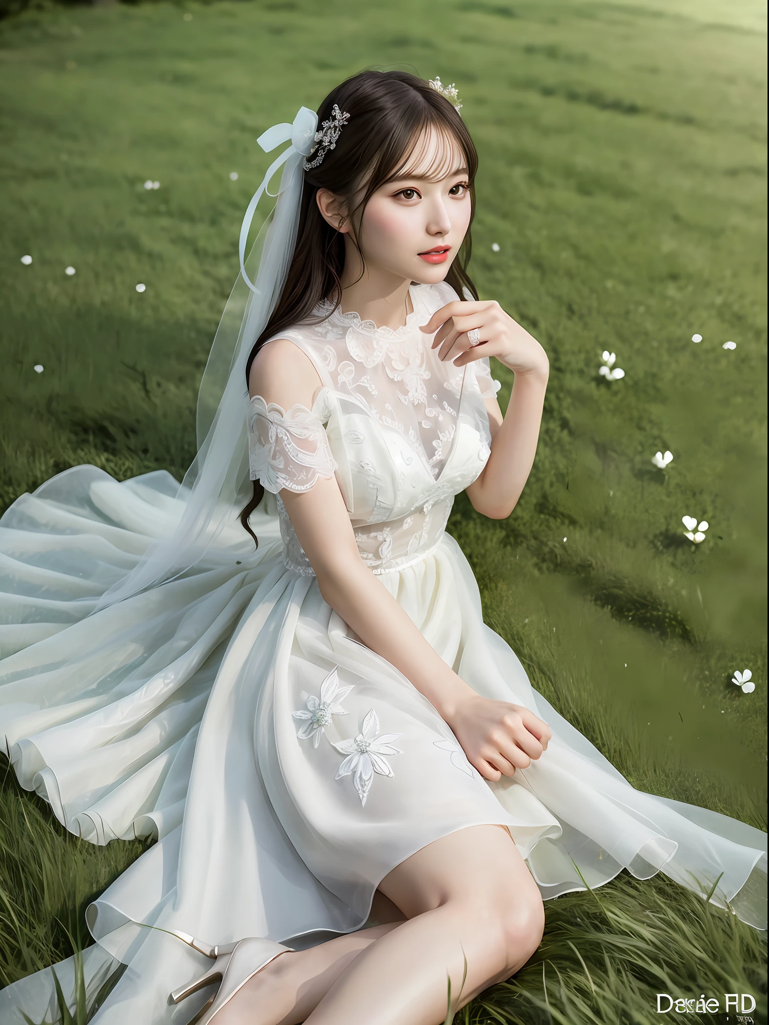 Highest quality, outstanding details, super high resolution, (fidelity: 1.4), the best illustration, favor details, highly condensed 1girl, with a delicate and beautiful face, wedding photos, grass, cinematic texture