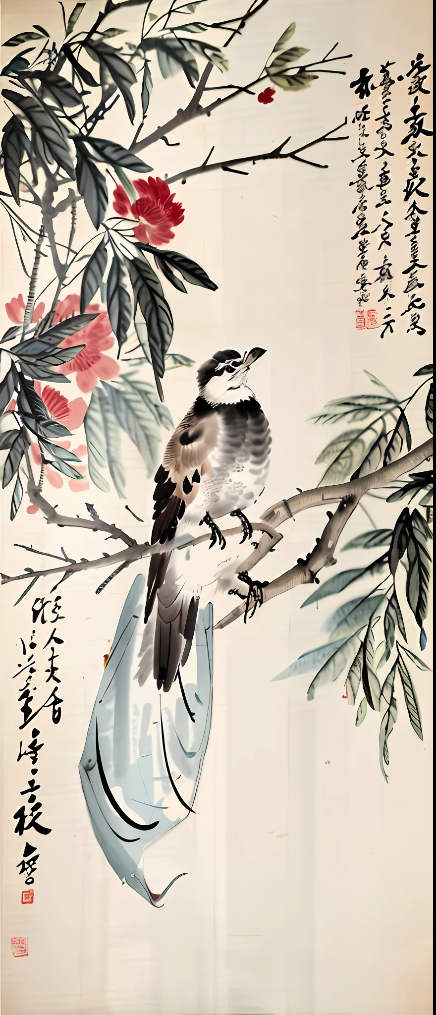 there is a painting of a bird sitting on a tree branch, traditional chinese art, traditional chinese painting, song dynasty, inspired by Shen Shichong, by Sesshū Tōyō, inspired by Keisai Eisen, chinese painting style, chinese art, chinese style painting, qing dynasty painting, inspired by Katsushika Ōi