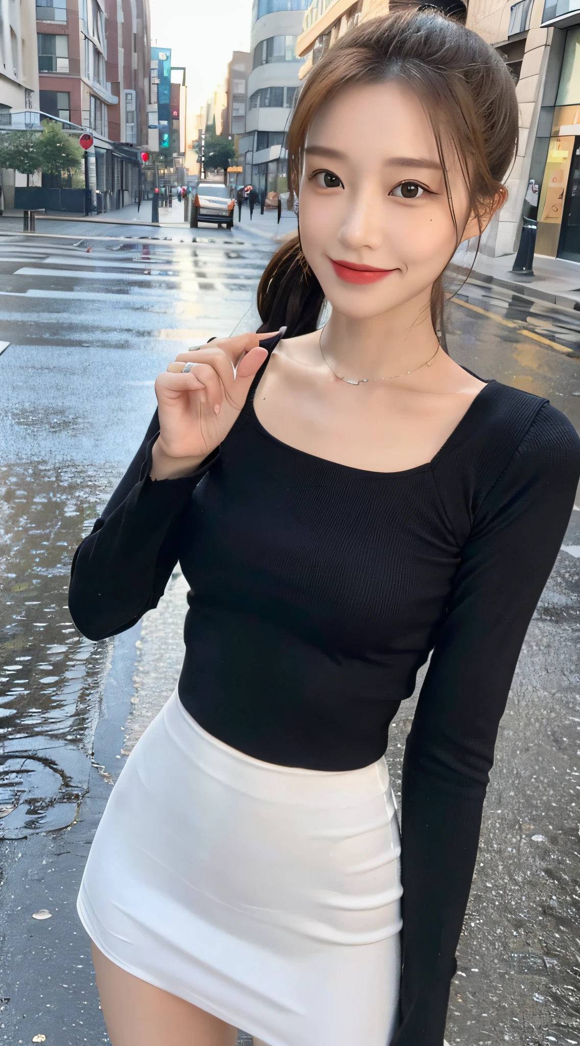 ((Best Quality, 8k, Masterpiece:1.3)), Focus: 1.2, Perfect Body Beauty: 1.4, Buttocks: 1.2, ((High Ponytail, Collarbone: 1.2)), (Short Skirt: 1.1) , (Rain, Street:1.3), Highly detailed face and skin texture, Fine eyes, Double eyelids, Whitened skin, Long hair, (Shut up: 1.3), Smile, Long legs, Full body, Best proportions of four fingers and one thumb, Smiley face, Face texture: 1.3, Sunshine, Summer, collarbone, beautiful eyes, real face, real skin, realistic face, realistic skin, detailed eyes, detailed facial features, detailed clothing features, detailed face, chest contour, tight fit, POS random, crewneck tights: 1.4