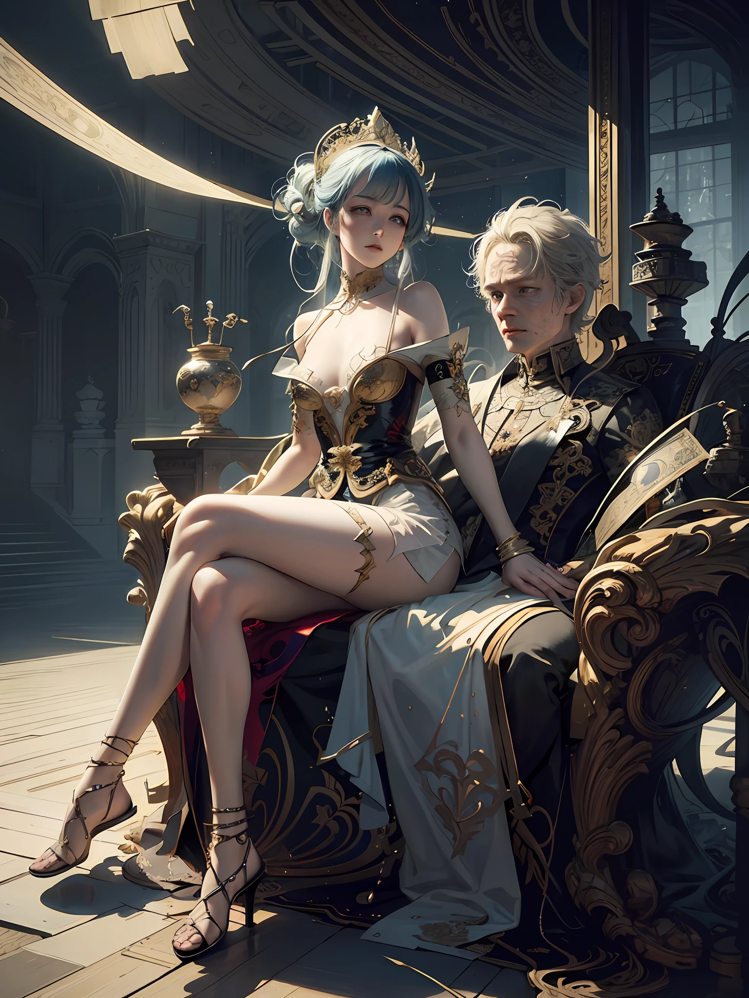 The woman sits on the man's lap in a gorgeous setting, WLOP and Ross Tran, WLOP and Sakimichan, Ross Tran and WLOP, WLOP and Andrei Riabovitchev, Guweiz on ArtStation Pixiv, WLOP and Krenz Cushart, Guweiz on Pixiv, WLOP and Artgerm