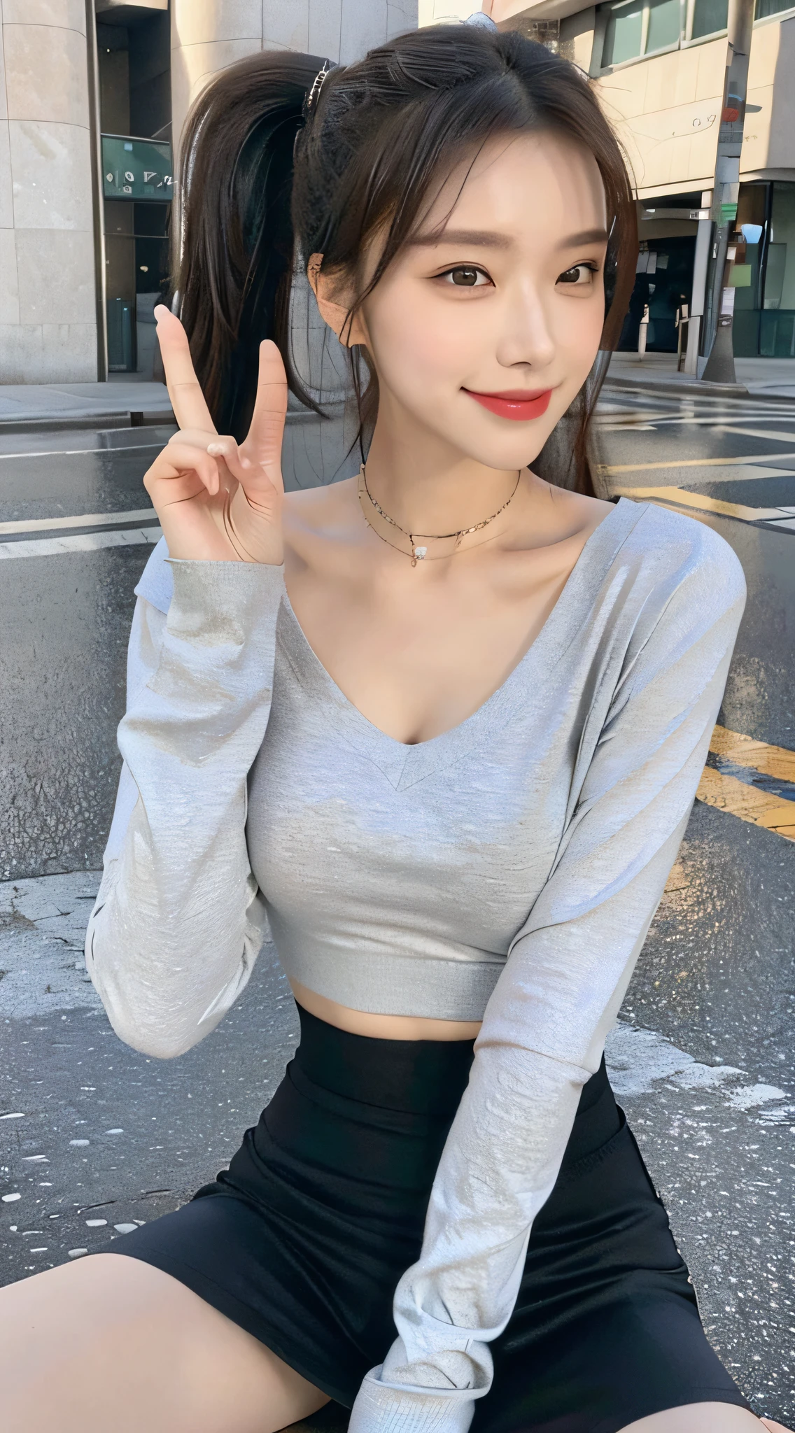 ((Best Quality, 8k, Masterpiece:1.3)), Focus: 1.2, Perfect Body Beauty: 1.4, Buttocks: 1.2, ((High Ponytail, Collarbone: 1.2)), (Short Skirt: 1.1) , (Rain, Street:1.3), Highly detailed face and skin texture, Fine eyes, Double eyelids, Whitened skin, Long hair, (Shut up: 1.3), Smile, Long legs, Full body, Best proportions of four fingers and one thumb, Smiley face, Face texture: 1.3, Sunshine, Summer, collarbone, beautiful eyes, real face, real skin, realistic face, realistic skin, detailed eyes, detailed facial features, detailed clothing features, detailed face, chest contour, tight fit, POS random, crewneck tights: 1.4