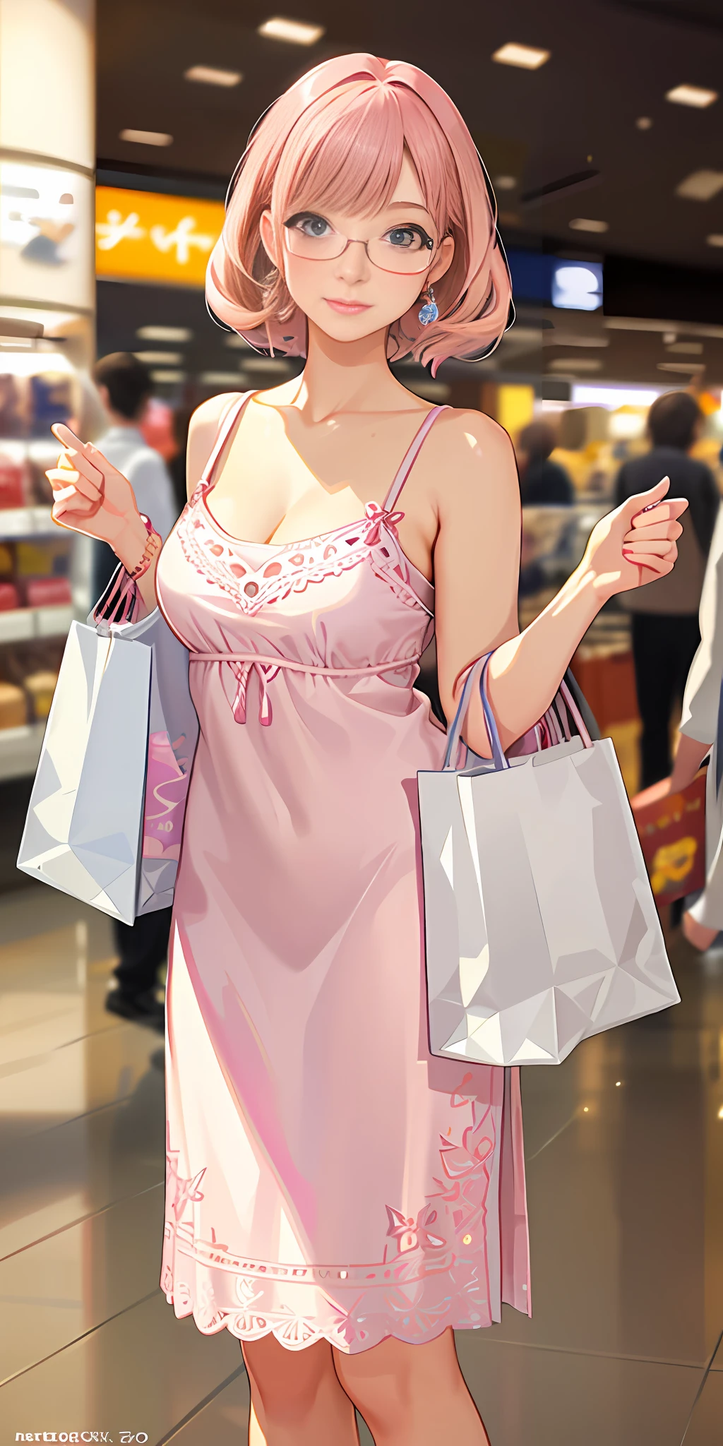 Best quality, high quality texture, delicate, realistic face, detailed skin, girly, sexy, mix-and-match, model, illustration, portrait, fully realistic, pink hair, makima, glasses, supermarket mall background, blurred background, depth of field effect, dressed appropriately, pink shopping bag, (holding multiple shopping bags)), full body shot