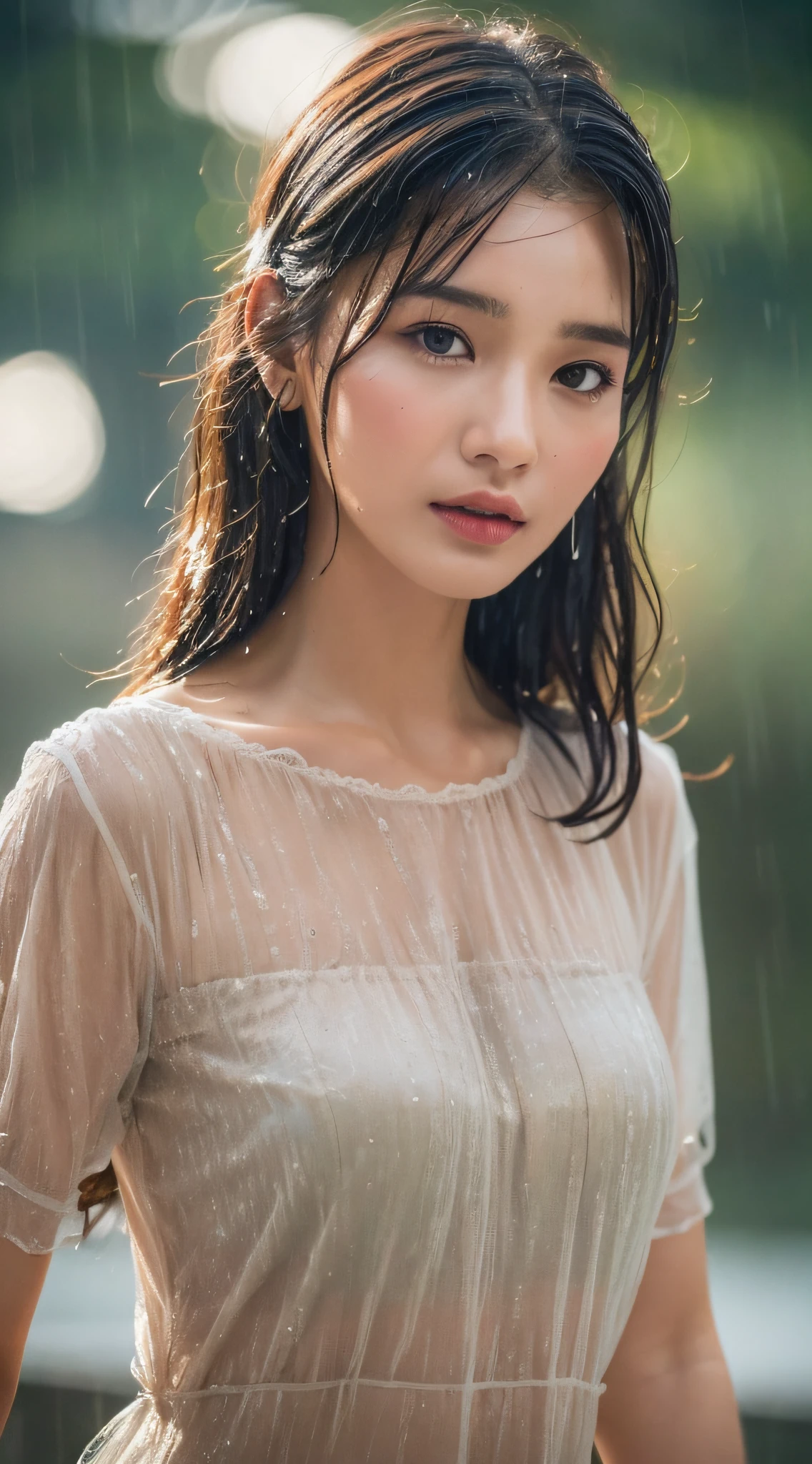 (Best Quality, 4K, Masterpiece: 1.3), Pretty Woman, 1girl, (Small Tits, Charming Body: 1.2), Bandeau: 1.1, Dark Brown Hair: 1.1, (Rain Wet, Rain Wet, Wet Body: 1.2), Ultra-Detail Face, Detail Lips, Detail Eyes, Double Eyelids
