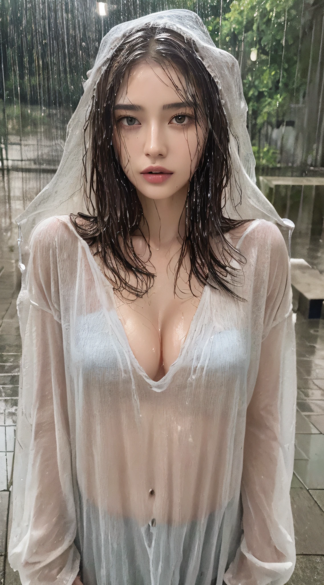 (Best quality, 4k, Masterpiece :1.3), pretty woman, 1girl, (breasts, attractive body :1.2), abs :1.1, dark brown hair: 1.1, (rainy wet, wet from rain, wet body :1.2), ultra-detailed face, detailed lips, detailed eyes, double eyelid