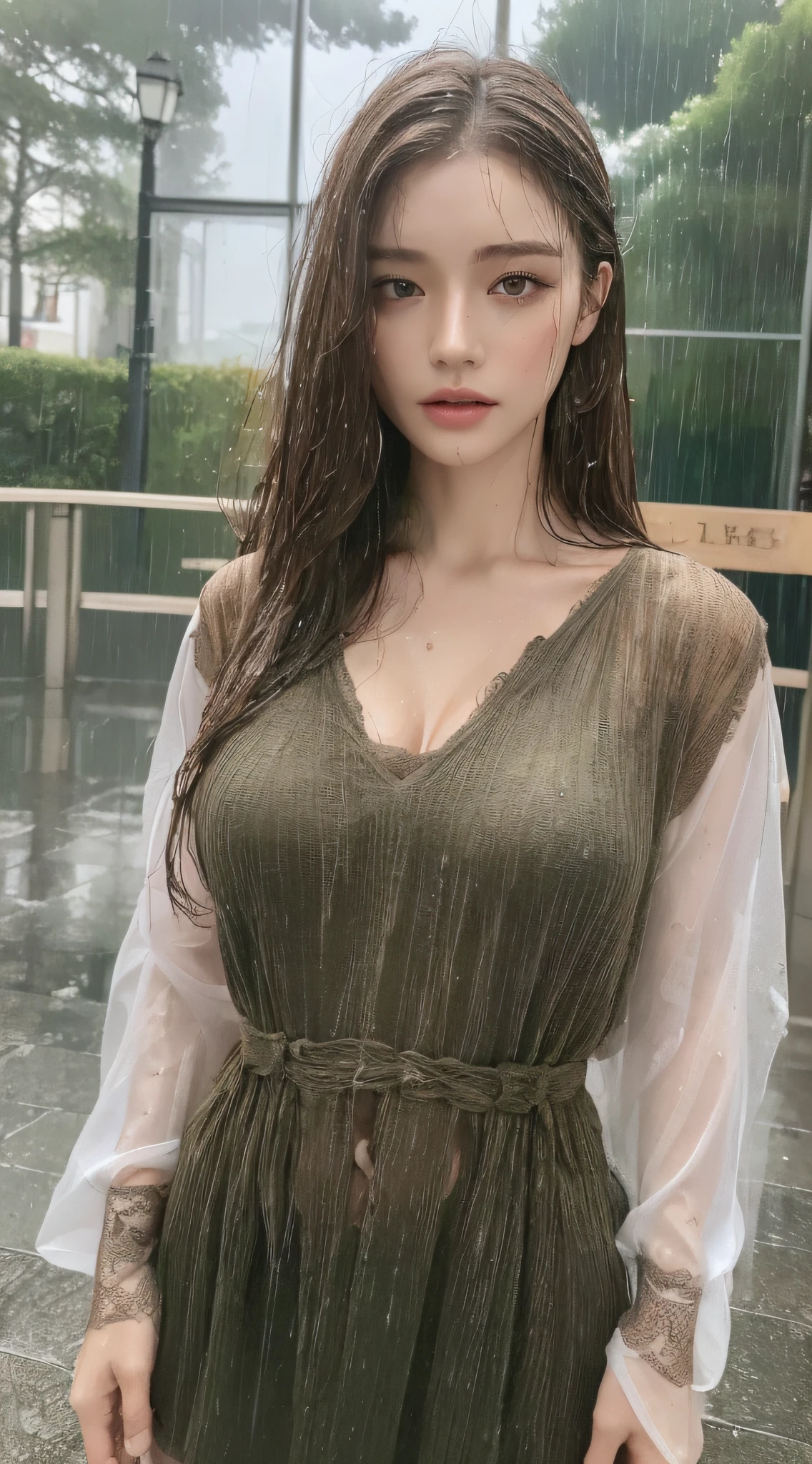 (Best quality, 4k, Masterpiece :1.3), pretty woman, 1girl, (breasts, attractive body :1.2), abs :1.1, dark brown hair: 1.1, (rainy wet, wet from rain, wet body :1.2), ultra-detailed face, detailed lips, detailed eyes, double eyelid