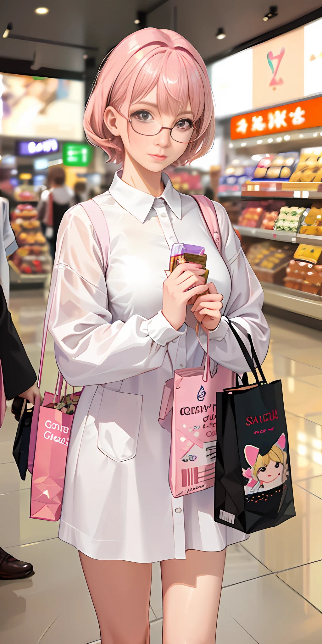 Best quality, high quality texture, delicate, realistic face, detailed skin, girly, sexy, mix-and-match, model, illustration, portrait, fully realistic, pink hair, makima, glasses, supermarket mall background, blurred background, depth of field effect, dressed appropriately, pink shopping bag, (holding multiple shopping bags)), full body shot