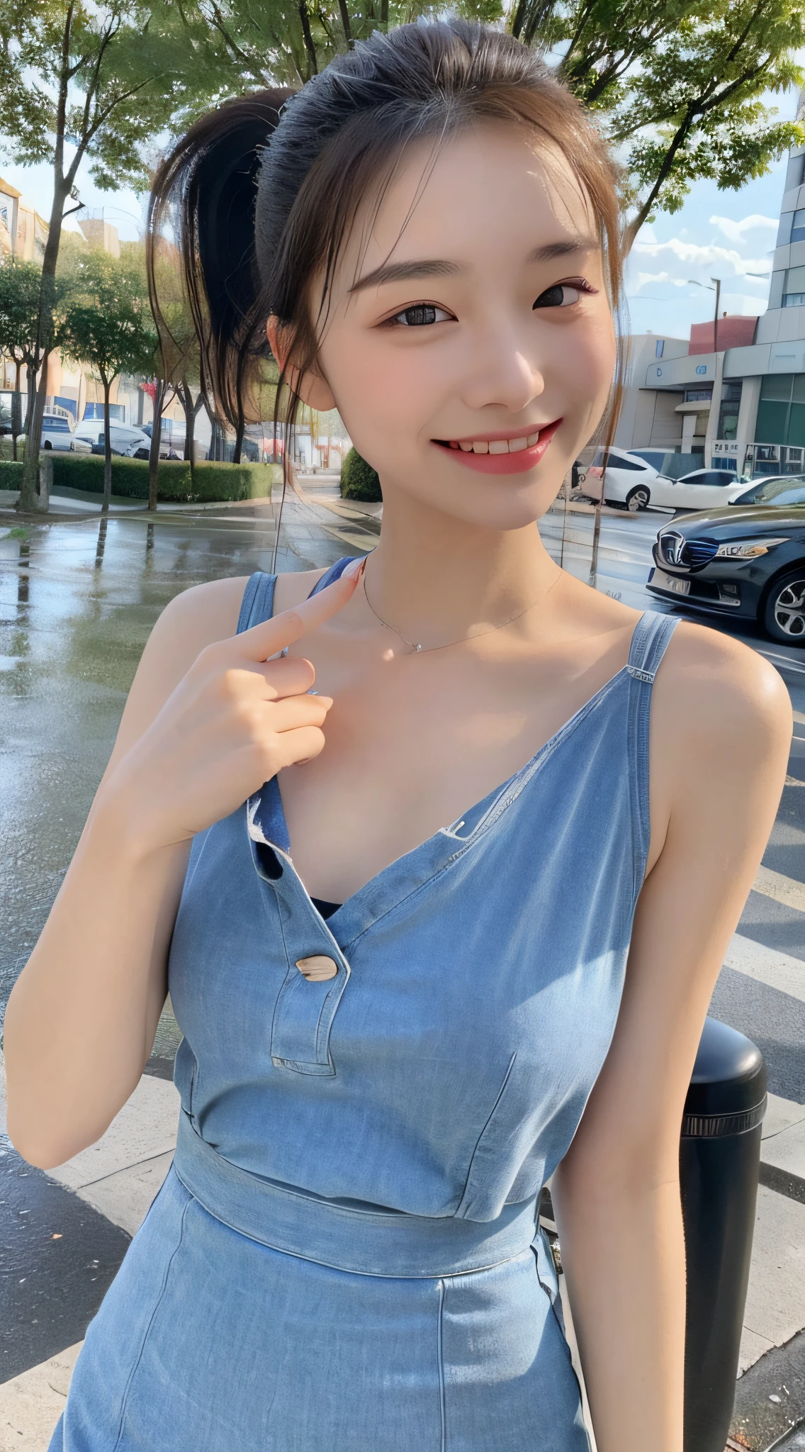 ((Best Quality, 8k, Masterpiece:1.3)), Focus: 1.2, Perfect Body Beauty: 1.4, Buttocks: 1.2, ((High Ponytail, Collarbone: 1.2)), (Short Skirt: 1.1) , (Rain, Street:1.3), Highly detailed face and skin texture, Fine eyes, Double eyelids, Whitened skin, Long hair, (Shut up: 1.3), Smile, Long legs, Full body, Best proportions of four fingers and one thumb, Smiley face, Face texture: 1.3, Sunshine, Summer, collarbone, beautiful eyes, real face, real skin, realistic face, realistic skin, detailed eyes, detailed facial features, detailed clothing features, detailed face, tight fit, POS random, clothes random: 1.1