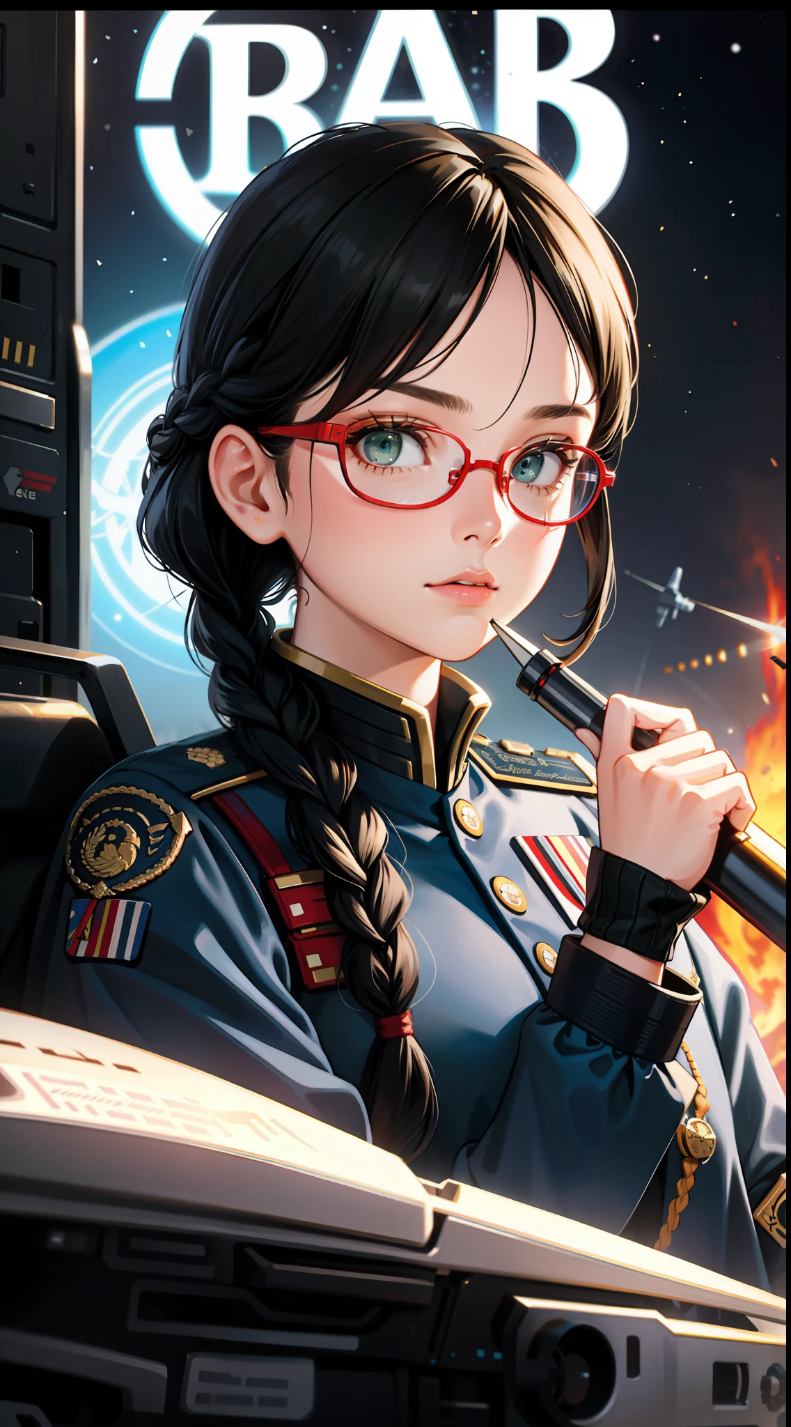 Movie Poster,((Braid Hairstyle : 1.5)),Movie ReferenceFoundation,Science Fiction,Sci-Fi,Movies,War Action Movies,Space,Atmosphere,Sky,Battleship,Multiple Characters,Woman,Adult,Green Eyes,Black Hair,(Pia bang hairstyle) : 1.8 ),(Red Glasses),Still Eyes,General Uniform,White Commander Uniform,Realistic Face Details,Realism,3D Face,