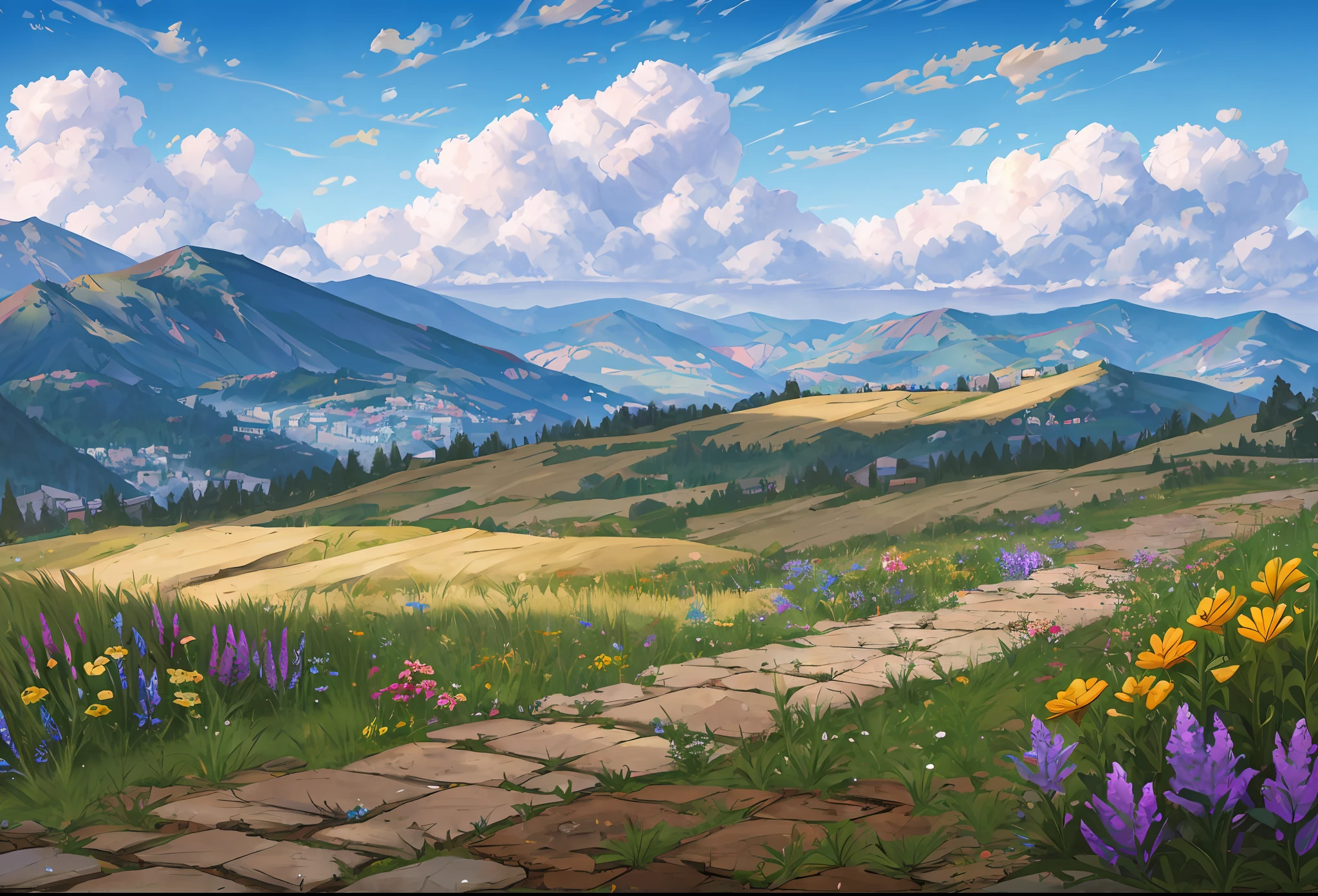 Vista, Direct View, Left and Right Direction, Mottled Meadow Pavement, Picture by Stone Paved Road and Weeds, No Perspective, Crossboard, Horizontal, Detailed, 8K, Parallel View, League of Legends, Ruins, Pavement Background with Ruins