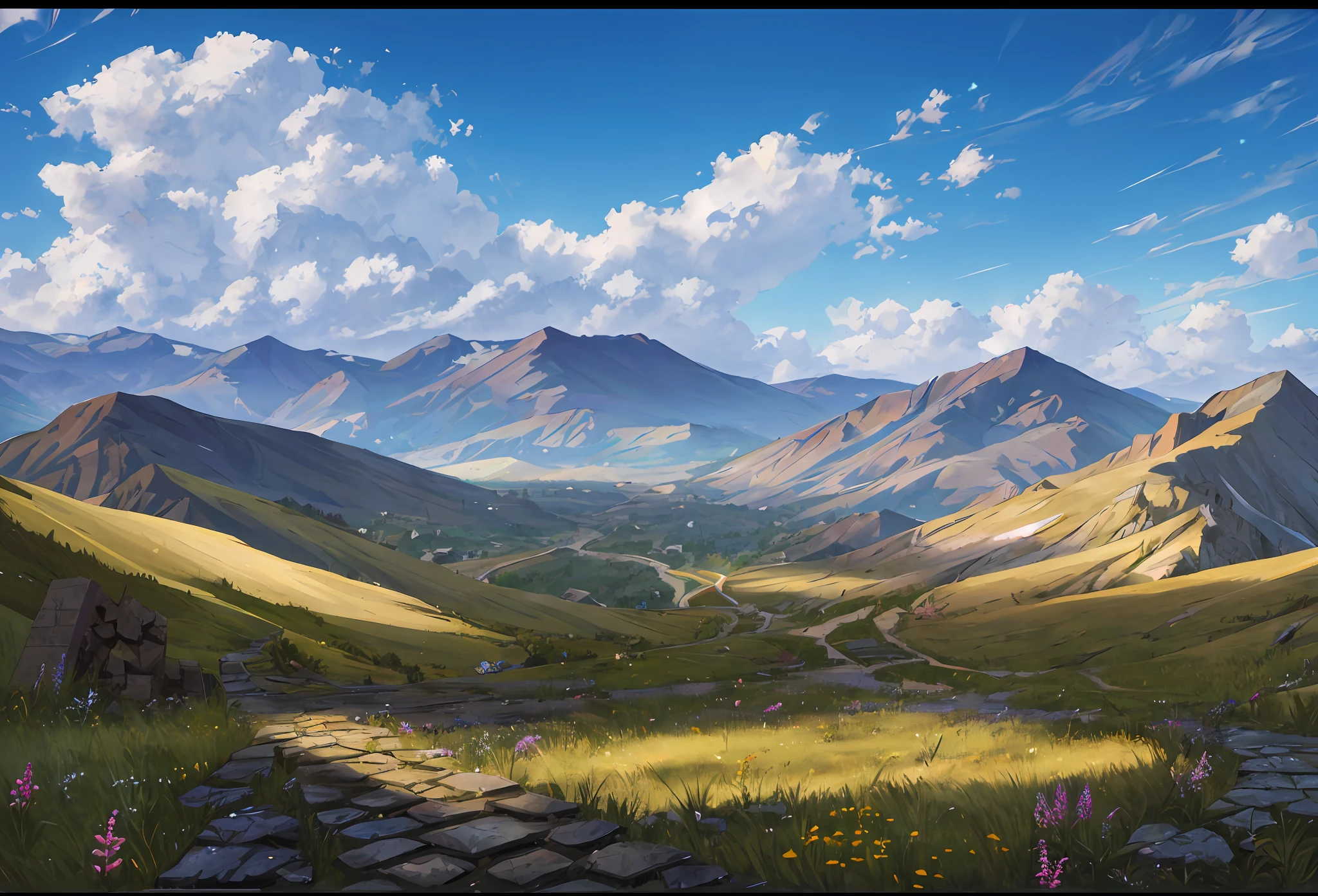 Vista, Direct View, Left and Right Direction, Mottled Meadow Pavement, Picture by Stone Paved Road and Weeds, No Perspective, Crossboard, Horizontal, Detailed, 8K, Parallel View, League of Legends, Ruins, Pavement Background with Ruins