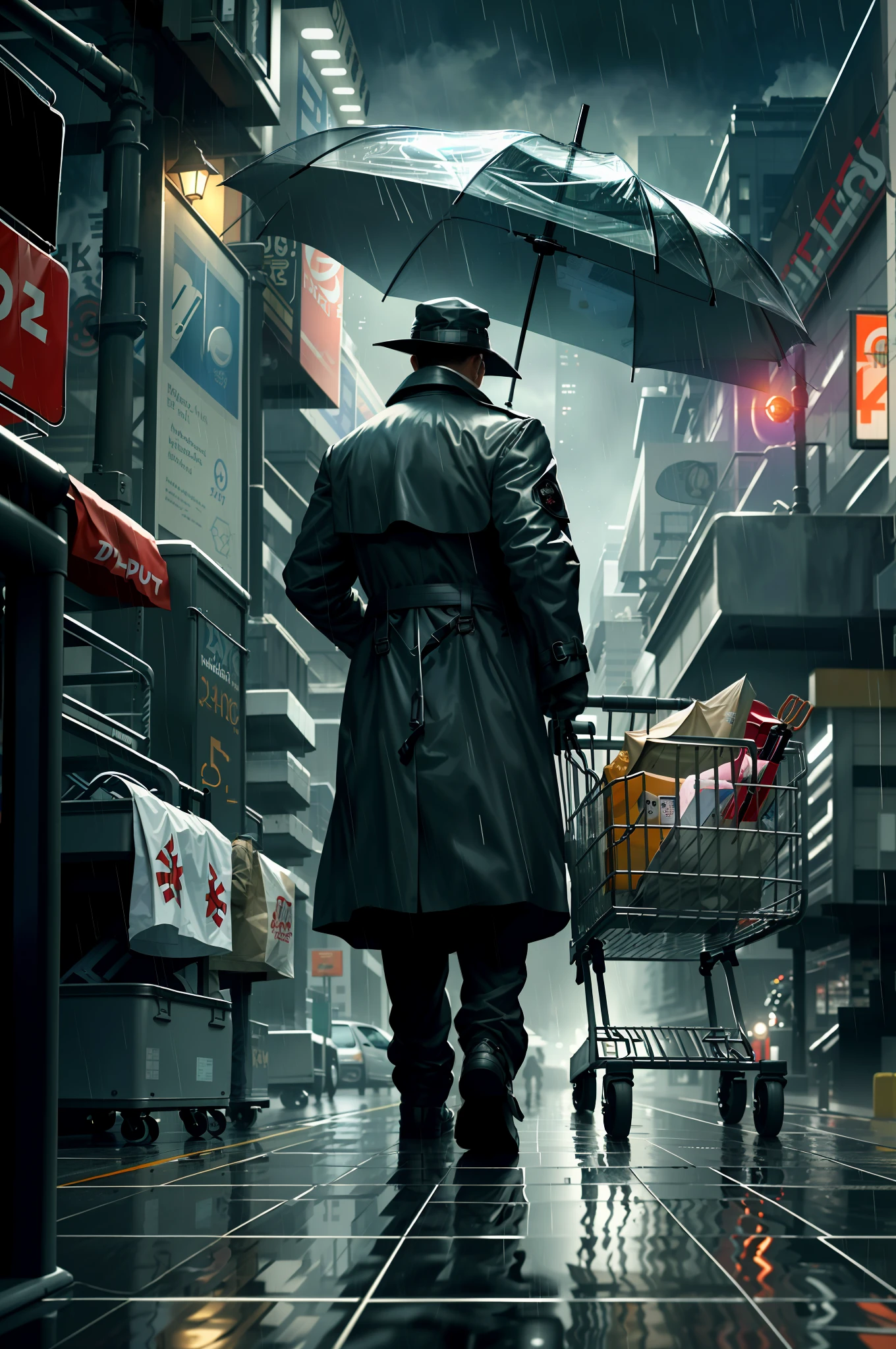 A man in a trench coat pushes a shopping cart with umbrella in his hand, cabinets, futuristic city, rainy day, masterpiece, 4k, rich detail, hyper-realism, complex scenes, cinema shots, F/1.6, vignetting