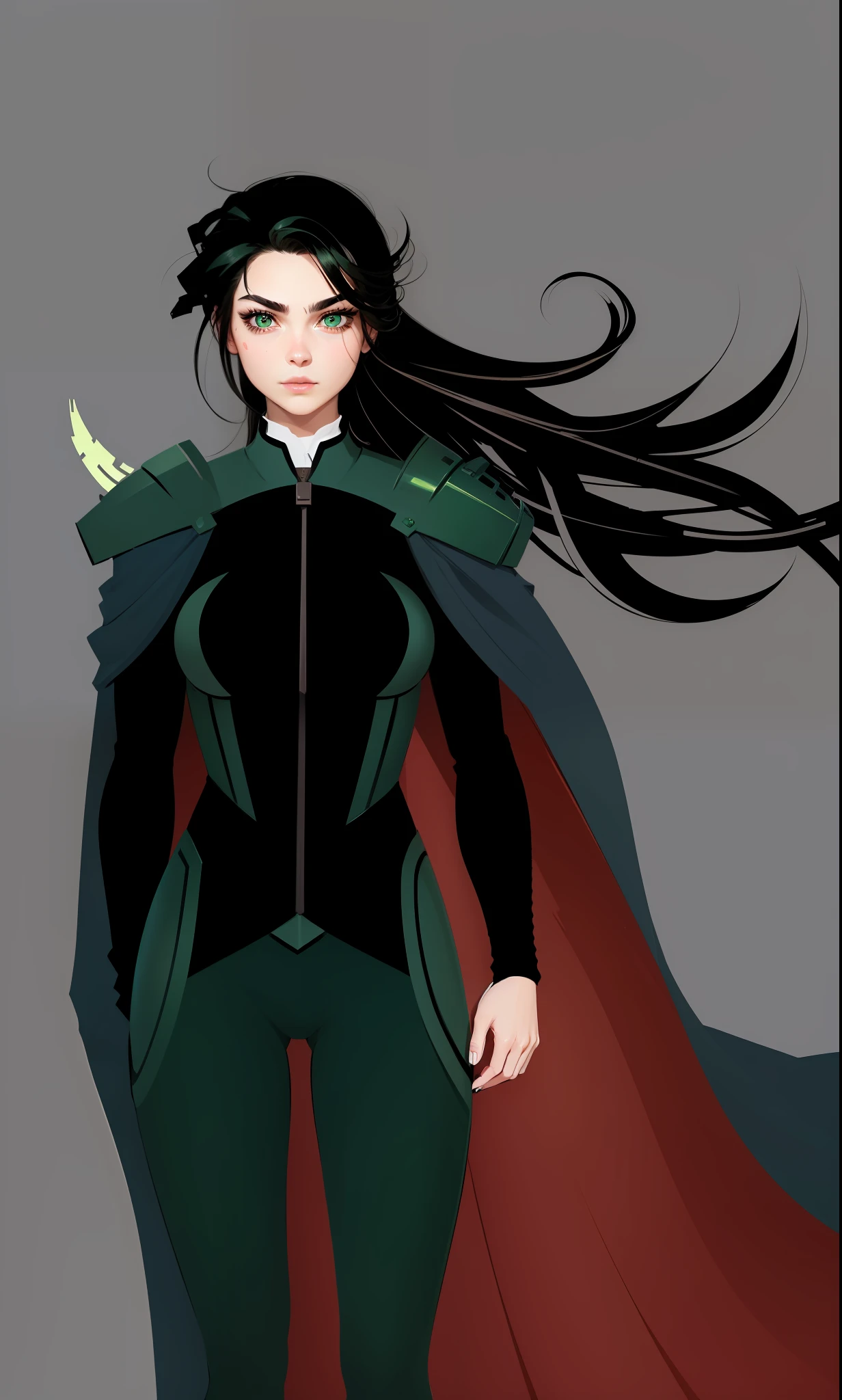 Add high-quality details to the drawing while maintaining a lot of fidelity to the original design, with a thick eyebrow and large eyes maintaining the original eye color, with European woman traces on the face, and the green parts of the armor put matte metal texture while maintaining the color --auto --s2