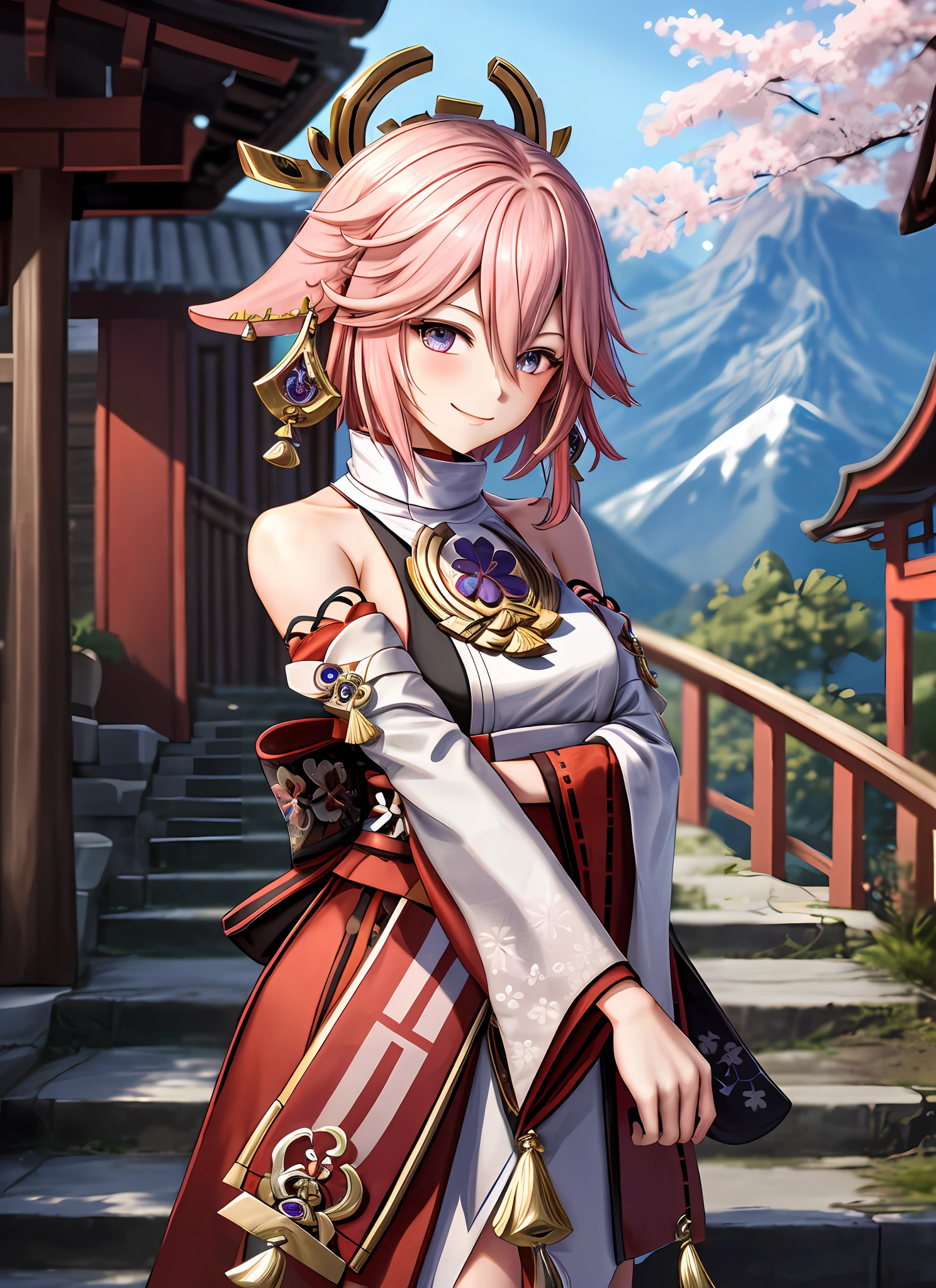 yaemikodef, upper body, smile, blush, outdoors, day, simple background, blue sky, short hair, sky, temple, looking at viewer, stairs, mountain, moody lighting, facing viewer,