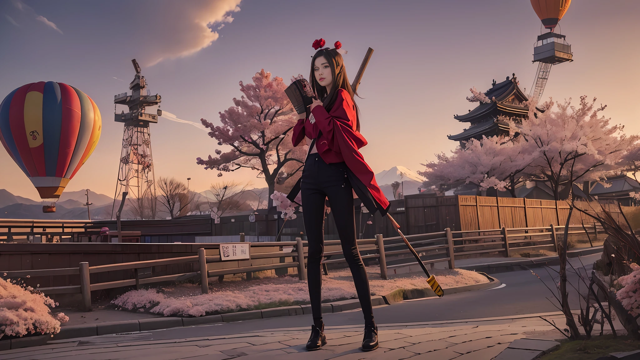 1girl, Tokyo street, hot air balloon with cherry blossoms and Mount Fuji in background, closeup, 8k, RAW photo, best quality, masterpiece, realism, realism, red rose headdress, split bangs, long hair,
