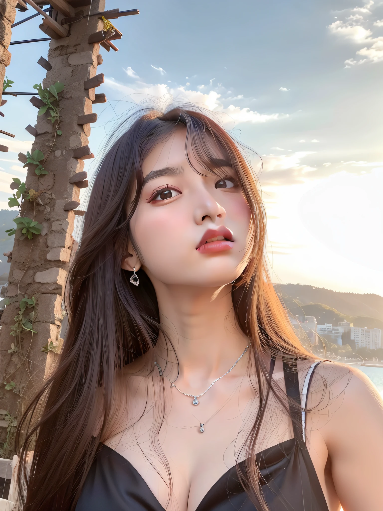 araffe woman with long hair wearing a black dress and a necklace, bae suzy, gorgeous young korean woman, beautiful south korean woman, ulzzang, jinyoung shin, korean girl, beautiful young korean woman, xision wu, 8k selfie photograph, sakimichan, hot with shining sun, 21 years old, 2 2 years old