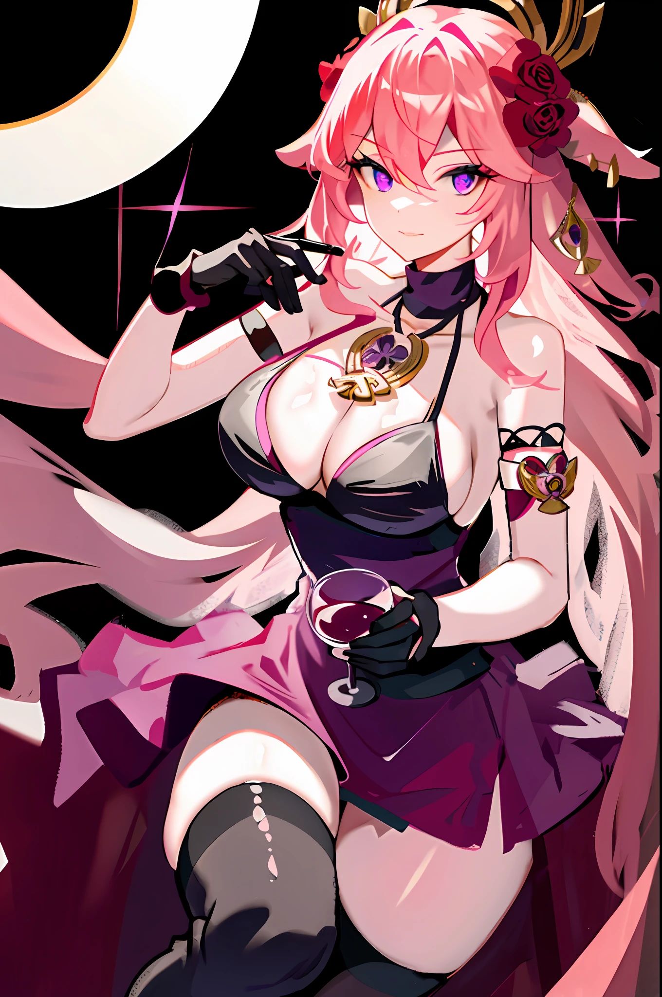 yae miko, 1girl, alcohol, alternate costume, armlet, bare shoulders, black background, black dress, black gloves, black thighhighs, , cleavag-cross halter, cup, dress, drinking glass, flower, gloves, gradient background, hair between eyes, hair flower, hair ornament, halterneck, holding, holding cup, jewelry, large breasts, long hoking at viewer, necklace, pink hair, pink nails, purple eyes, see-through gloves, solo, thighhighs, thighs, very long hair, wine, wine glass, ((masterpiece))
