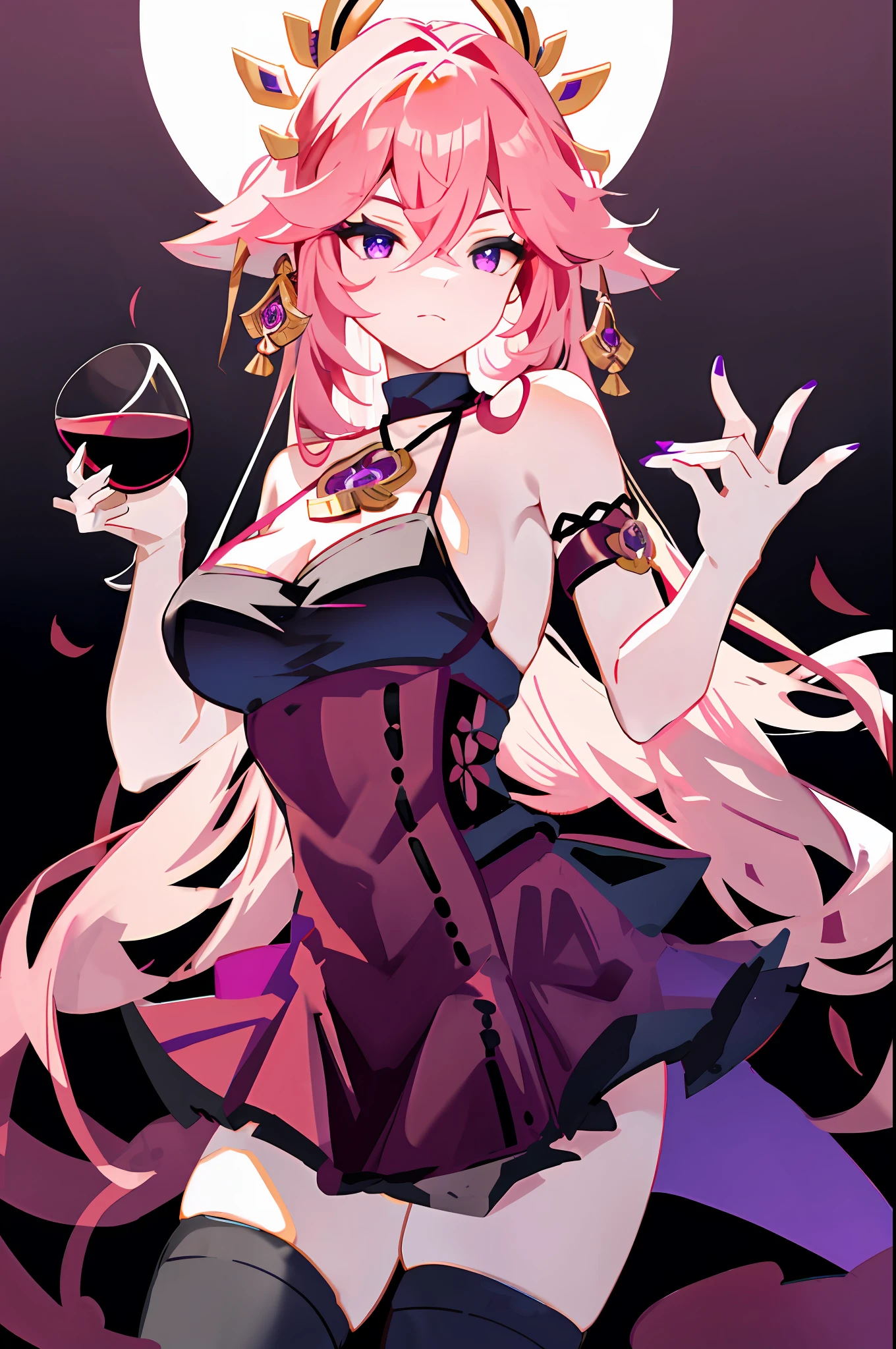 yae miko, 1girl, alcohol, alternate costume, armlet, bare shoulders, black background, black dress, black gloves, black thighhighs, breasts, cleavage, criss-cross halter, cup, dress, drinking glass, flower, gloves, gradient background, hair between eyes, hair flower, hair ornament, halterneck, holding, holding cup, jewelry, large breasts, long hair, looking at viewer, necklace, pink hair, pink nails, purple eyes, see-through gloves, solo, thighhighs, thighs, very long hair, wine, wine glass, ((masterpiece))