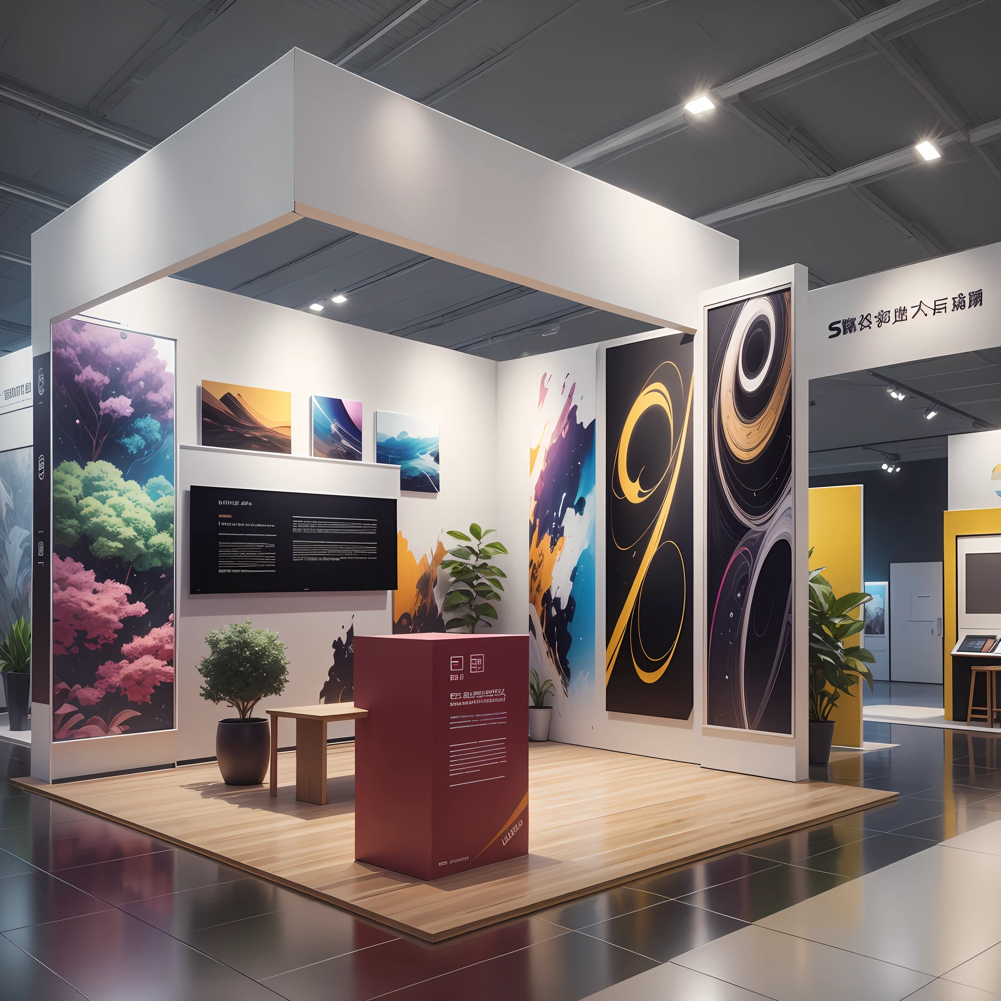 Creative design, exhibition hall, exhibition display, space layout, exhibit display, lighting design, color matching, use of technology, --auto --s2