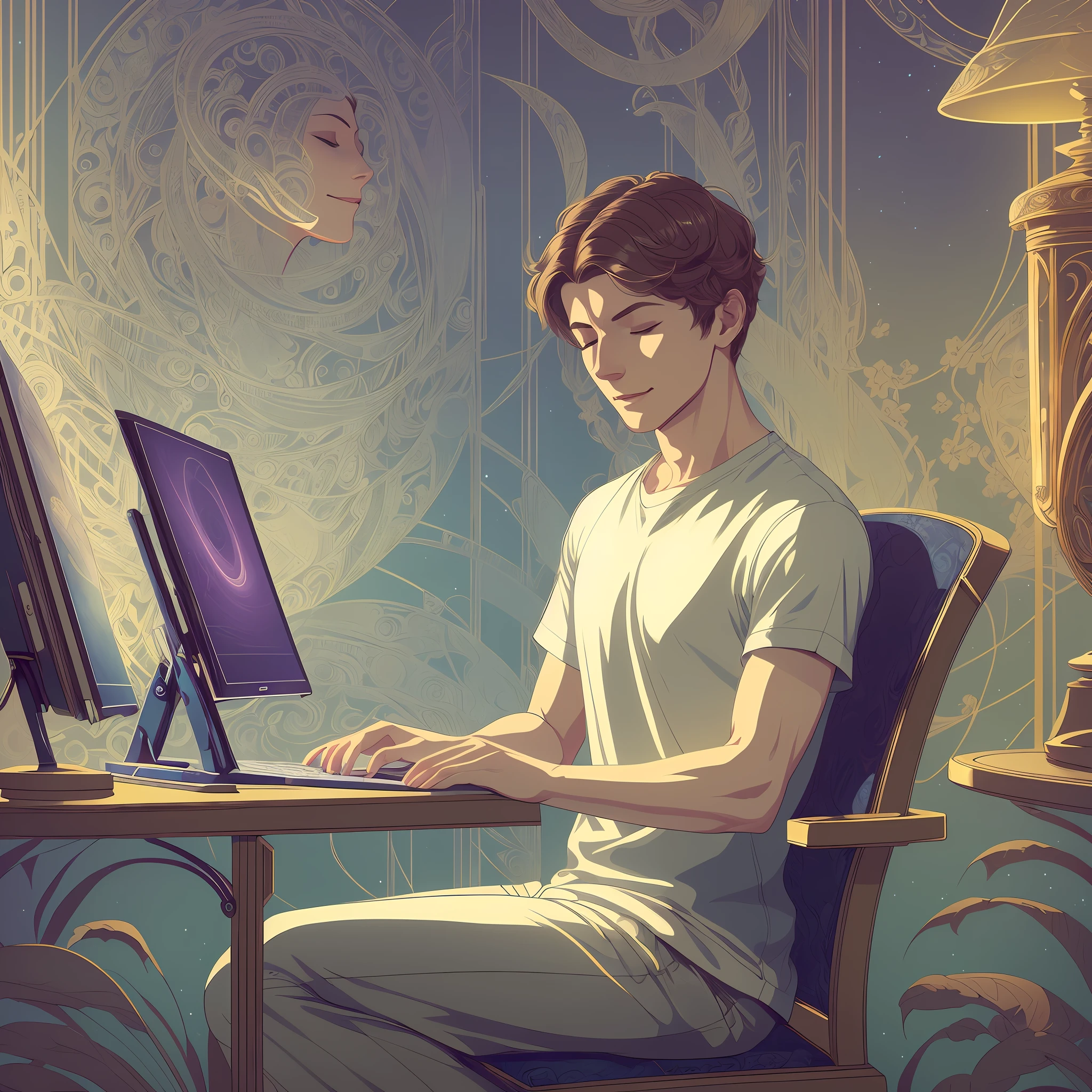 (Illustration:1.3) a young man, sitting in a contemporary chair with eyes closed, hands in their knees while meditating and with a shy smile facing a computer (by Artist Anna Dittman:1), (((masterpiece))), (((best quality))), ((ultra-detailed)),(detailed light),((an extremely delicate and beautiful)), --auto --s2