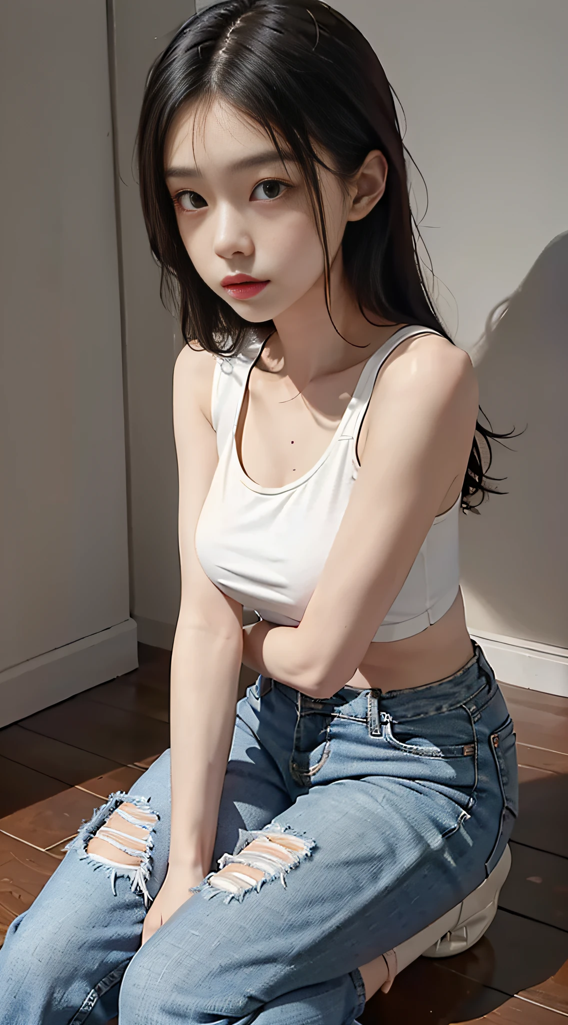 Girl posing for photo in white bra and tight denim, arms behind back, hands on back, full body, slender legs, small white shoes, with cropped t-shirt, bra, slim figure, smaller bust, slim girl model, 24 year old female model,