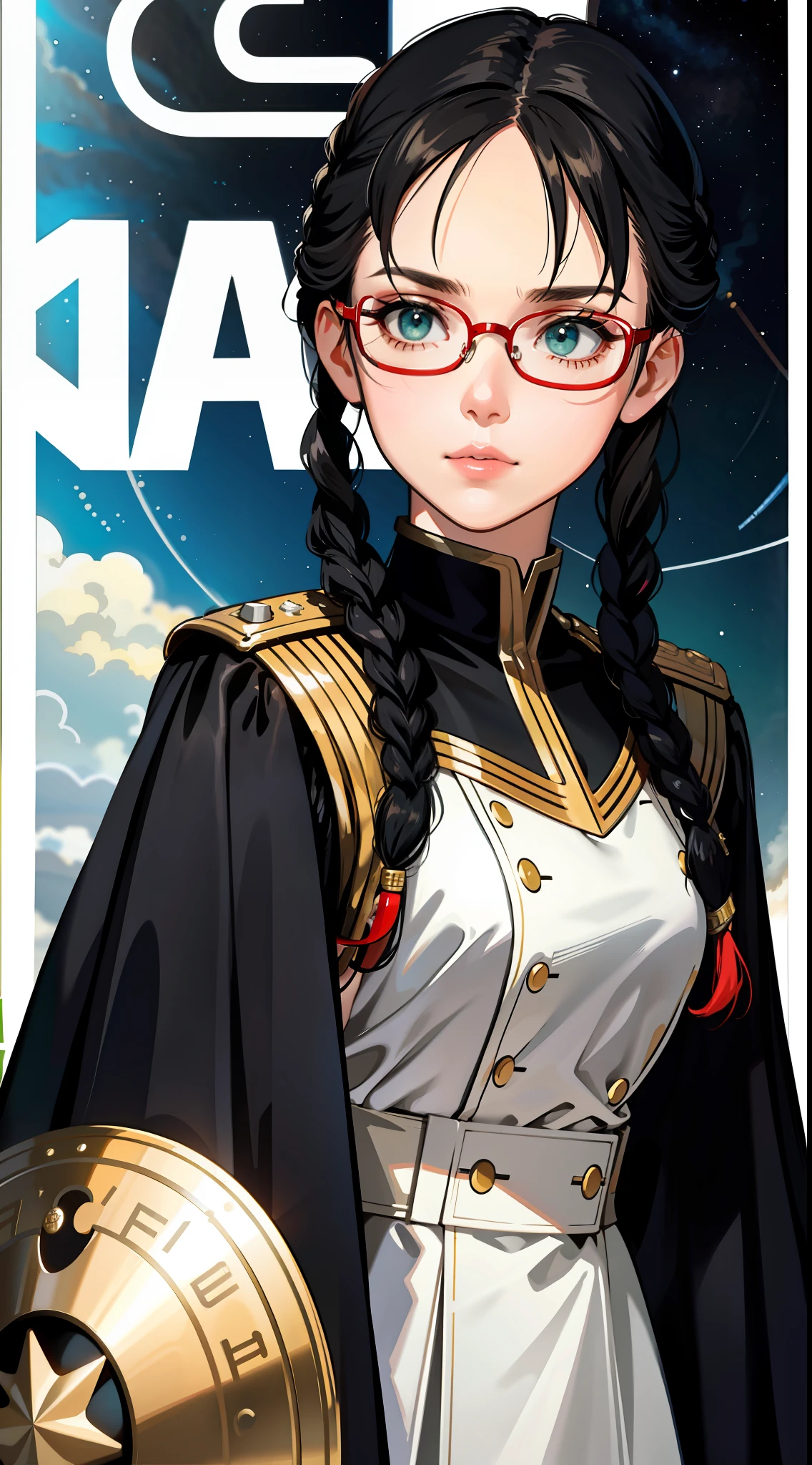 Movie Poster,((Braid Hairstyle: 1.5)),Reference NovelFoundation,Science Fiction,Sci-Fi,Movies,War Action Movies,Space,Atmosphere,Sky,Battleship,Multiple Characters,Woman,Adult,Green Eyes,Black Hair,(Pia bang hairstyle) : 1.8 ),(Red Glasses),Still Eyes,General Uniform,White Commander Uniform,Realistic Face Details,Realism,3D Face,