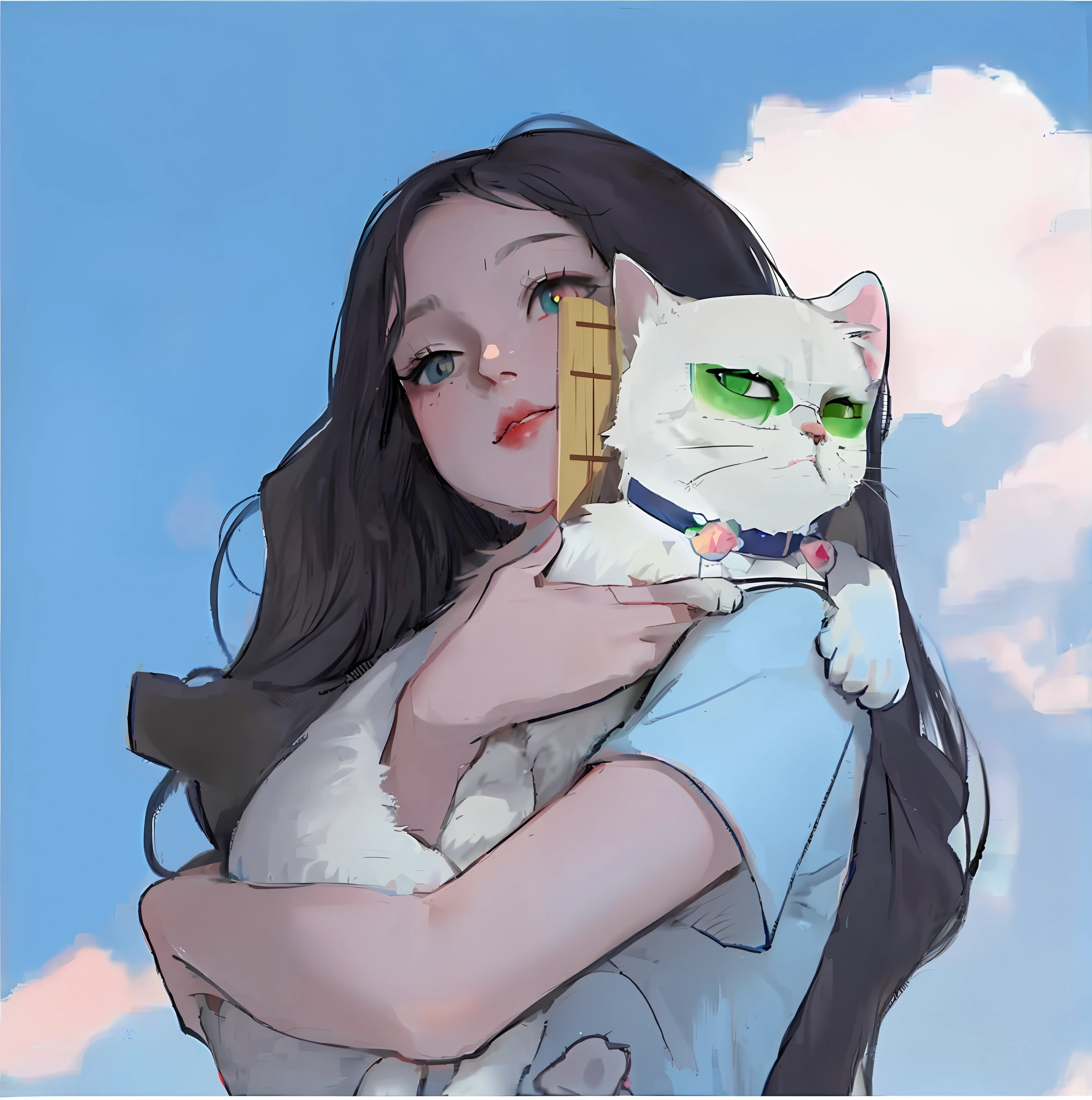 anime girl holding a white cat with green eyes and a blue shirt, artwork in the style of guweiz, guweiz, in anime style, guweiz on pixiv artstation, white cat girl, anime cat, in an anime style, made with anime painter studio, guweiz on artstation pixiv, white ( cat ) girl