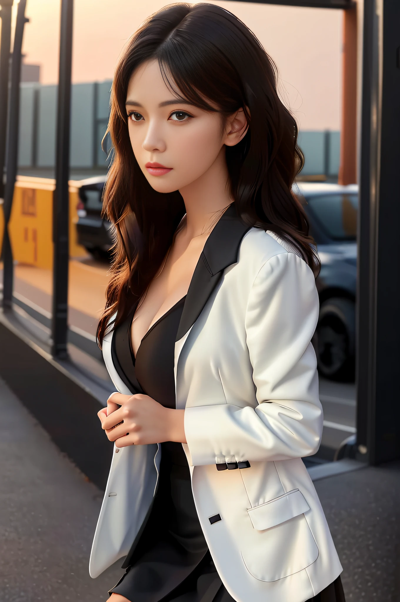 best quality, masterpiece, 1girl, Beautiful face, (photo realistic:1.3), rim lighting, (high detailed skin:1.2), 8k uhd, dslr, high quality, high resolution, 4k, 8k, Bokeh,  absurdres, best ratio four finger and one thumb, (realistic:1.3), cute 1girl, wearing black formal blazer, medium breasts, short skirt,