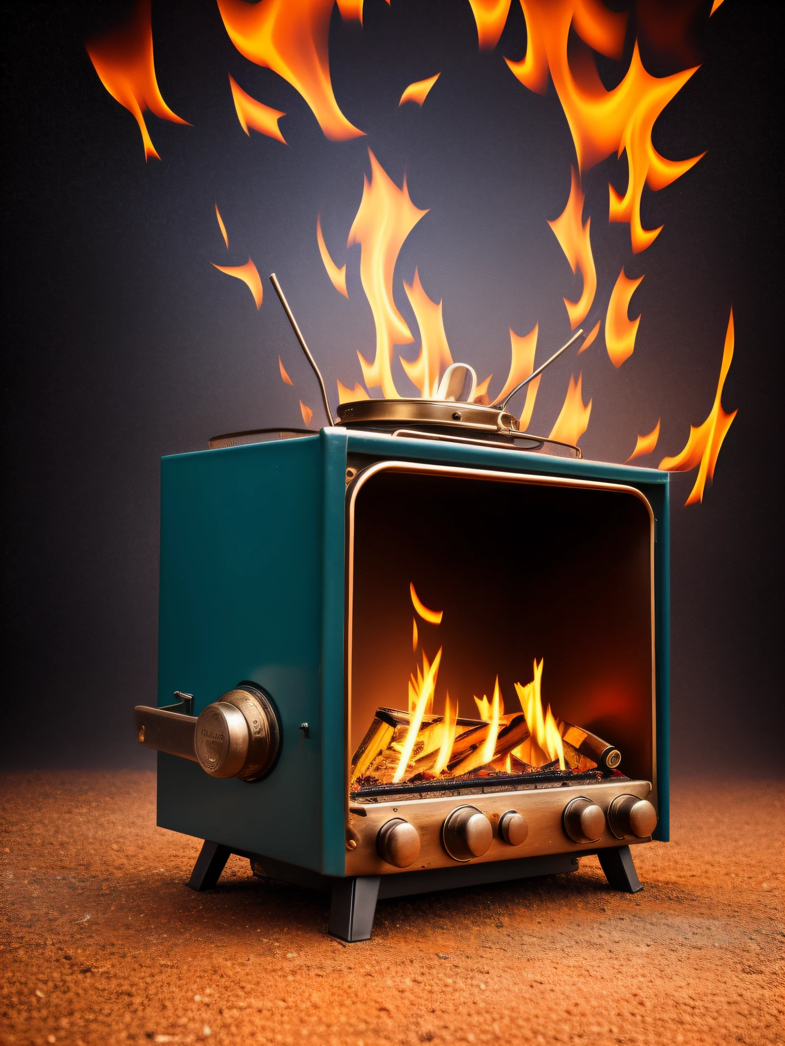 create a surreal picture in hyperrealistic style, with an old radio being cooked in the pan; the fire is on