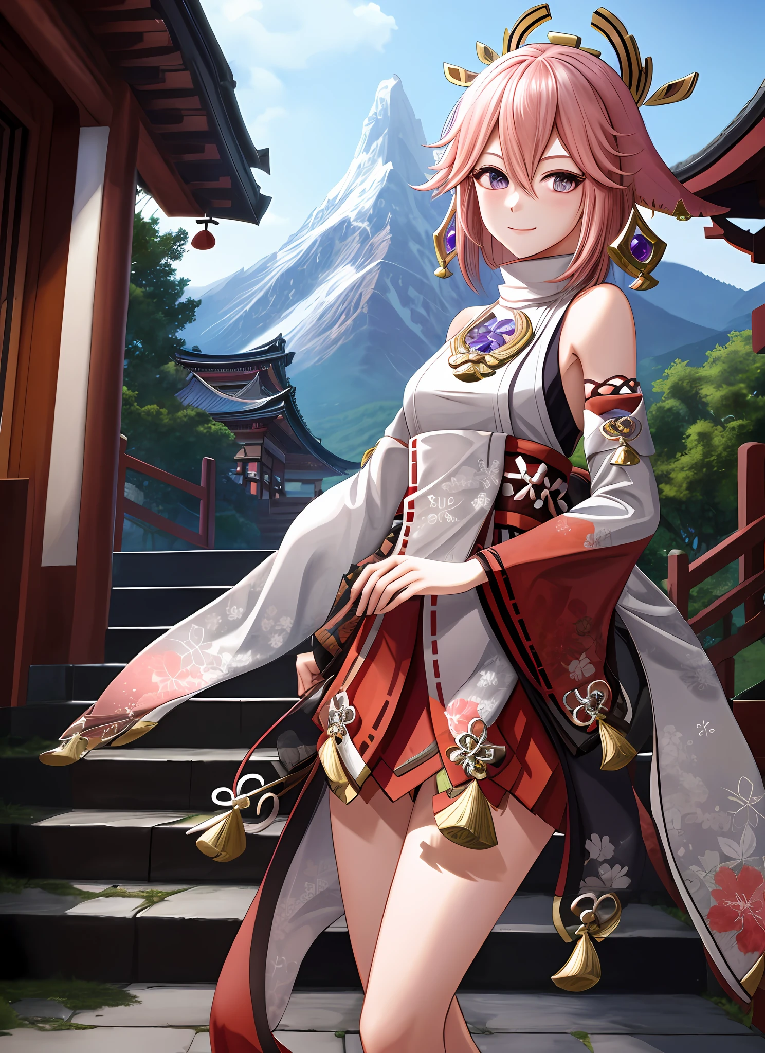 yaemikodef, upper body, smile, blush, outdoors, day, simple background, blue sky, short hair, sky, temple, looking at viewer, stairs, mountain, moody lighting, facing viewer,