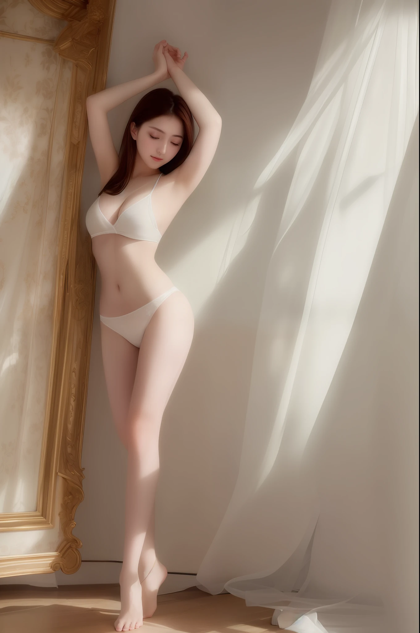 ((Realistic Light, Top Quality, 8K, Masterpiece: 1.3)), French, (Full Body Hose, Tea Bag), Delicate, Beautiful Girl, 17 years old, Cute, Sexy, White Skin, Double Eyelids, Neat, Slender, Medium, Angel, Cleavage, Emphasis, Dancing