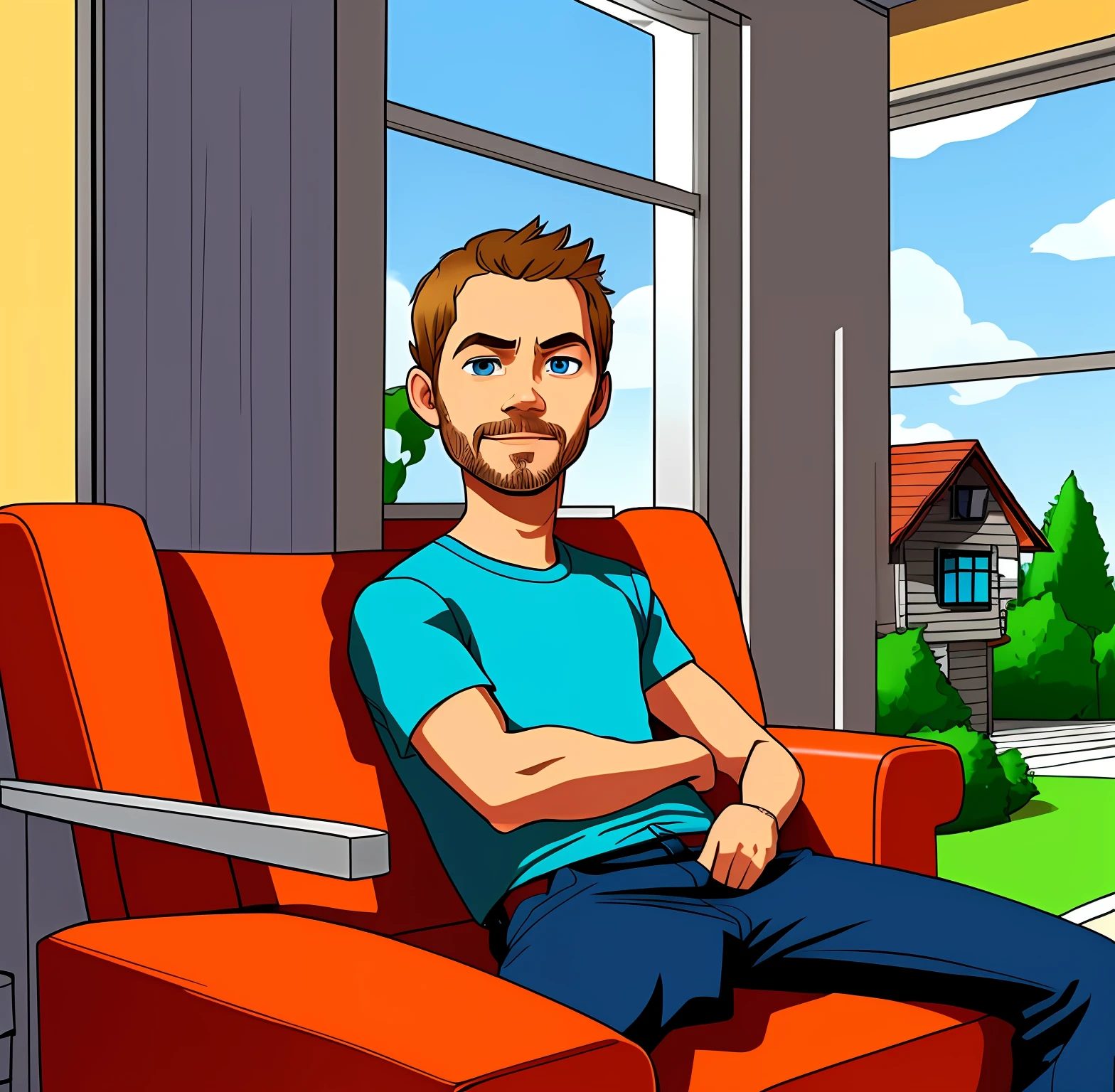 Paul Walker sitting in a chair facing in a 4K cartoon house