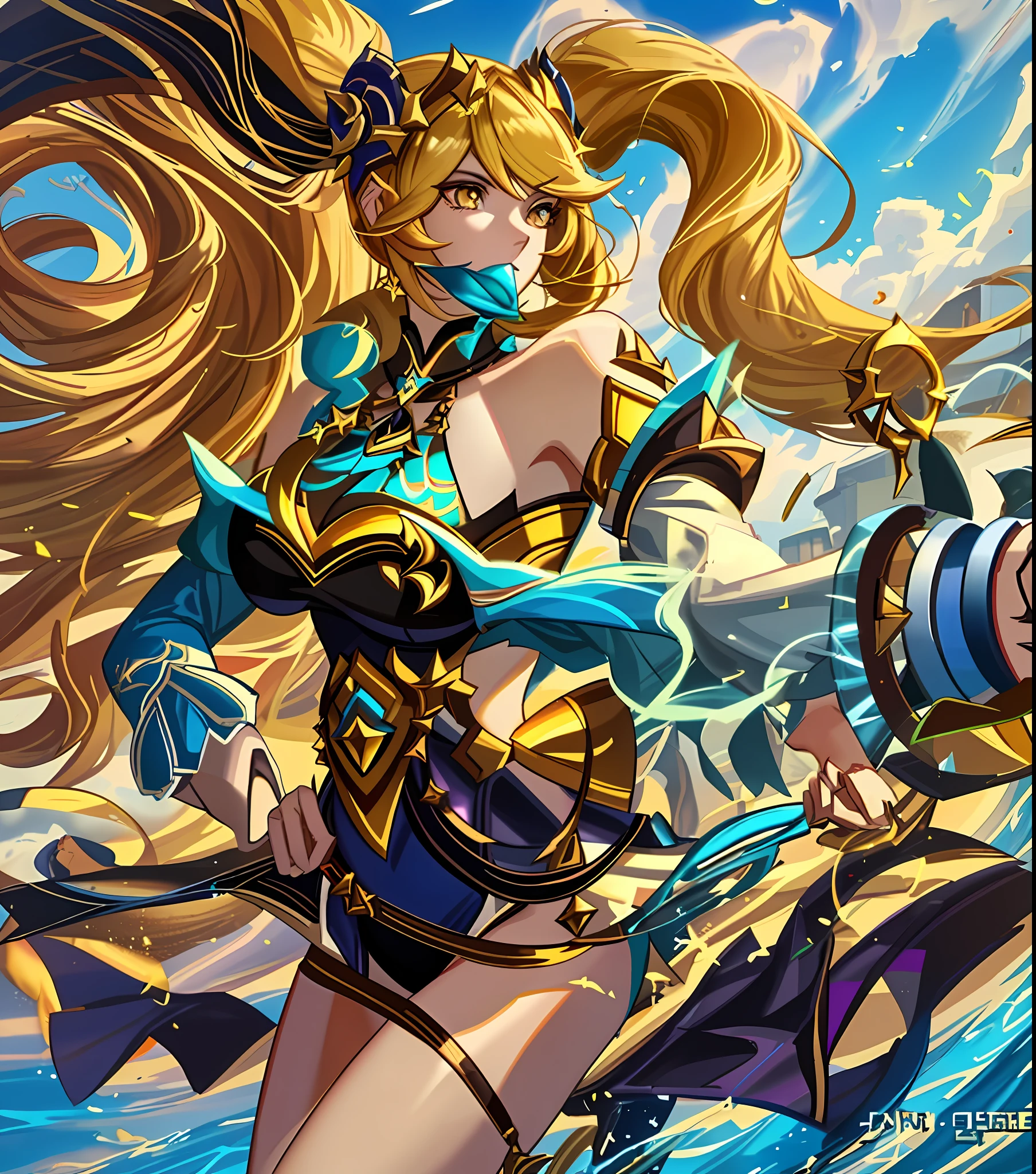 ((Layla from mobile legends: 1.5)),a close up of a woman with a gun in her hand,l,masterpiece, best quality, high quality, complex details , wearing swimming suit, in swimming pool, thicc thighs, huge breasts, ultra details, photorealistic,((2 ponytail: 1.4)), yellow hair, yellow eyes,CG details, super quality, UHD, glow