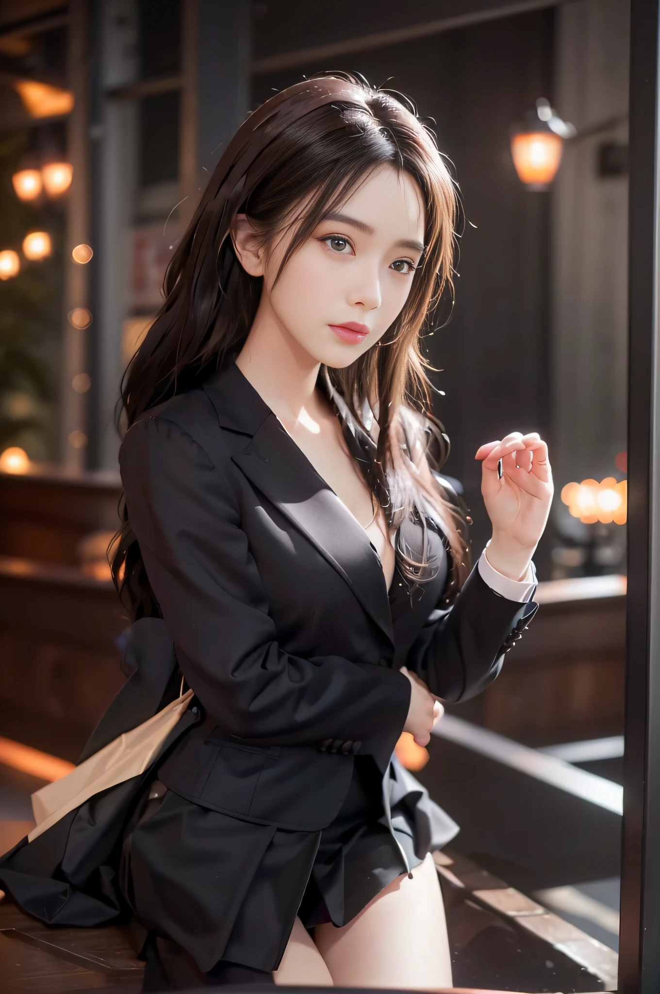 best quality, masterpiece, 1girl, Beautiful face, (photo realistic:1.3), rim lighting, (high detailed skin:1.2), 8k uhd, dslr, high quality, high resolution, 4k, 8k, Bokeh,  absurdres, best ratio four finger and one thumb, (realistic:1.3), cute 1girl, wearing black formal blazer, medium breasts, short skirt,