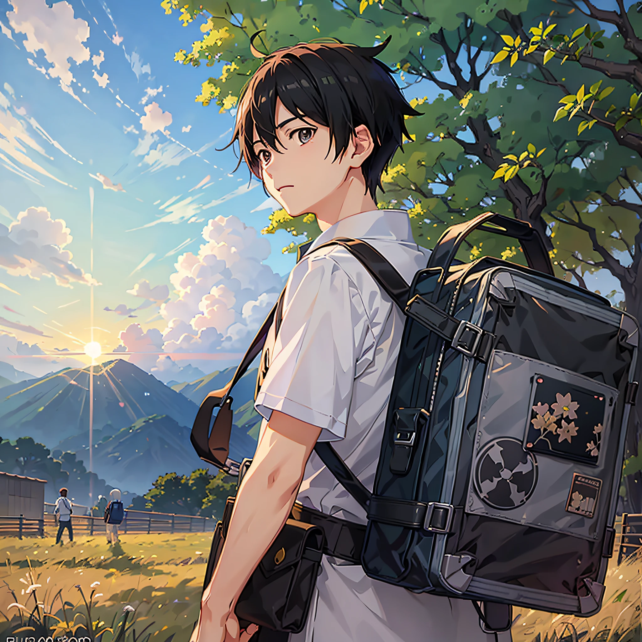 Anime boy in meadow, carrying bag, sunset in the distance, Gouviz style artwork, anime style, Güvez on pixiv art station, Guviz and Makoto Shinkai, anime style, Guvez, Guviz on ArtStation Pixiv, made with anime artist studio, high quality fan art, kawaii realistic portrait --auto --s2