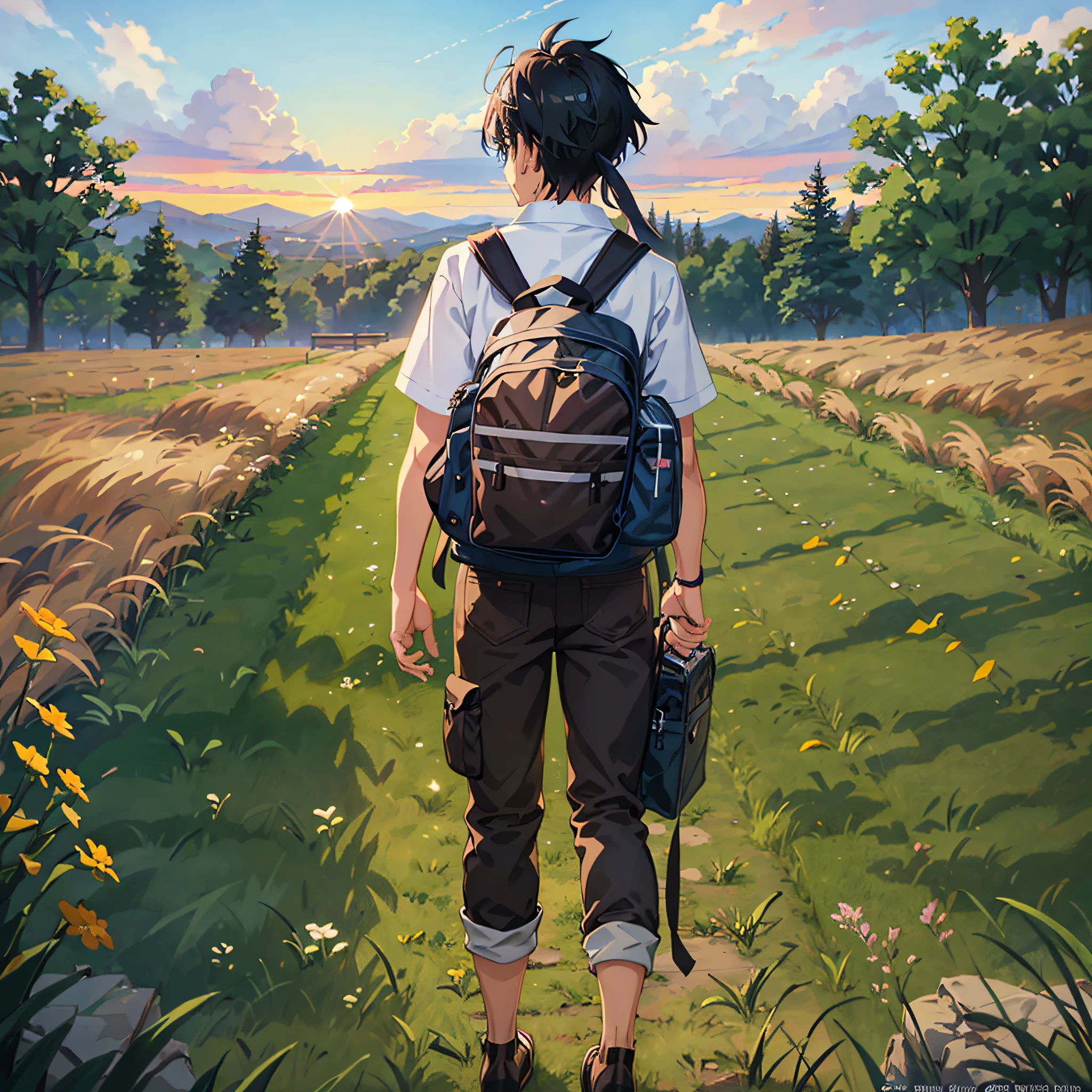 Anime boy in meadow, carrying bag, sunset in the distance, Gouviz style artwork, anime style, Güvez on pixiv art station, Guviz and Makoto Shinkai, anime style, Guvez, Guviz on ArtStation Pixiv, made with anime artist studio, high quality fan art, kawaii realistic portrait --auto --s2