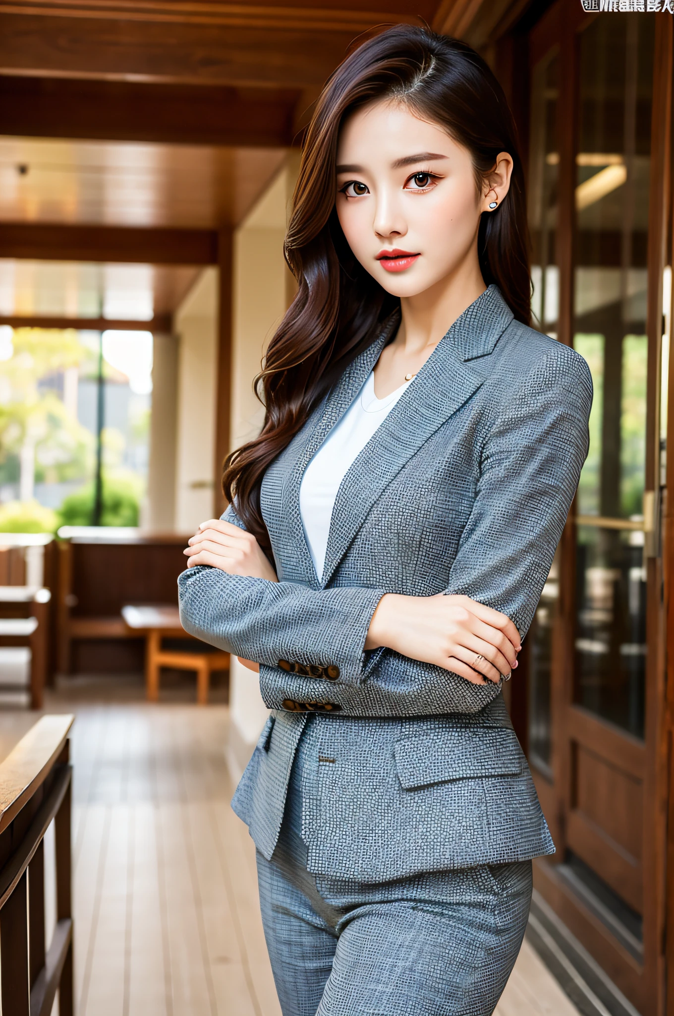 (Best Quality, Masterpiece: 1.2), Woman, Portrait, Outdoor, Young Woman, Sexy, Glamorous, Glamorous, Casual Suit, Dressing, Fashion, Temperament